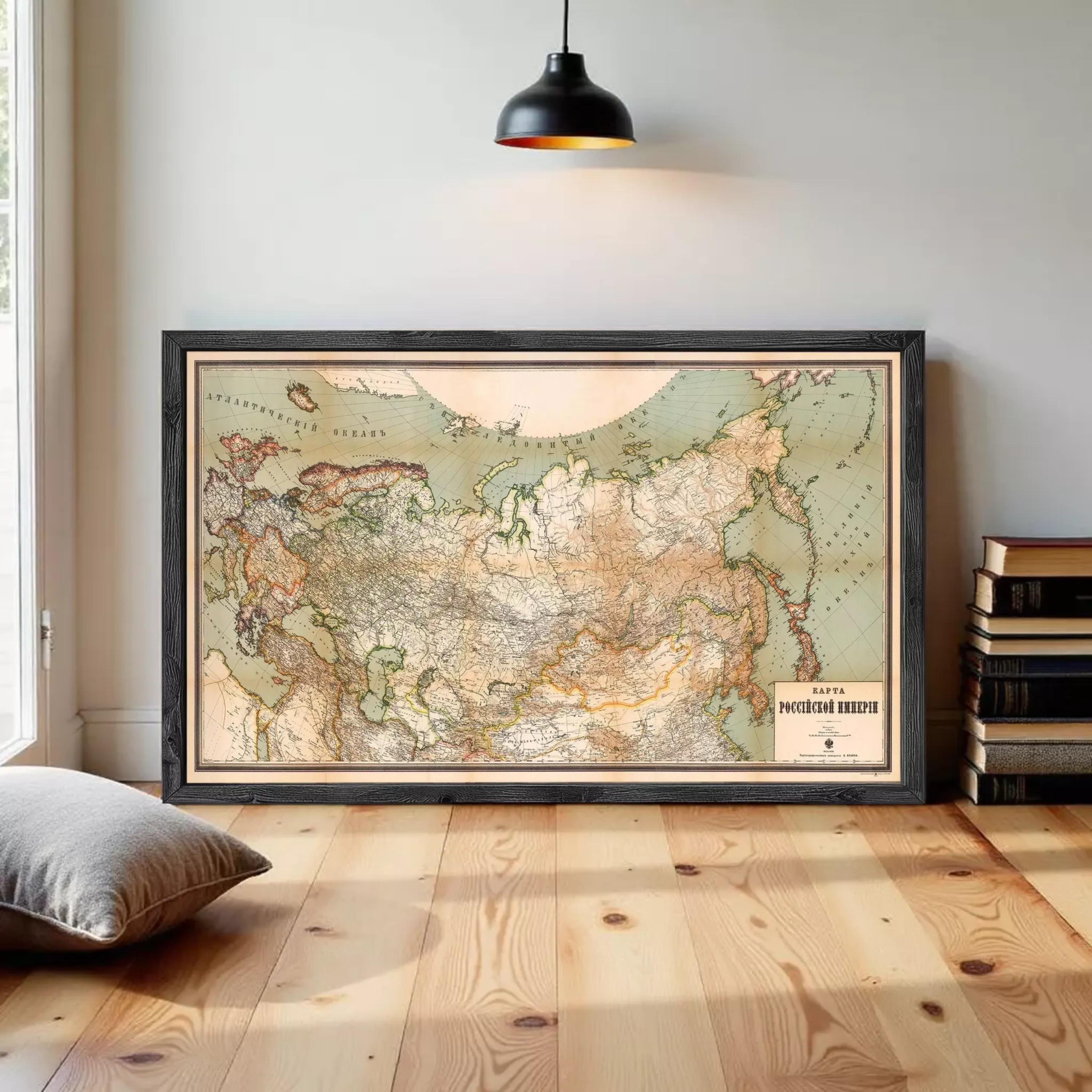 A framed map of the world, depicting the eastern half of Europe, Asia, and the Middle East, with a vintage style.