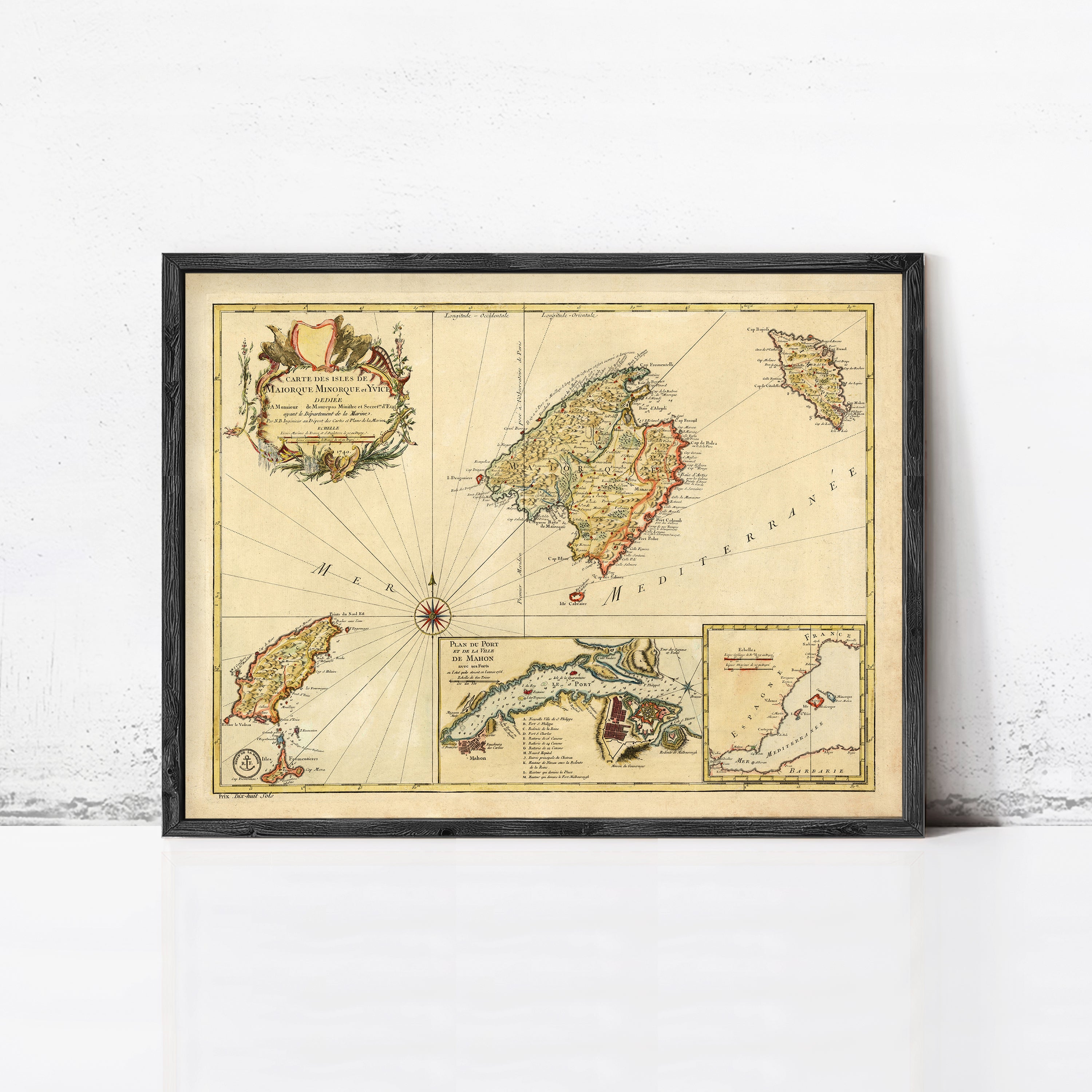 The image is a framed vintage map of the Mediterranean region, depicting various islands and coastal areas.