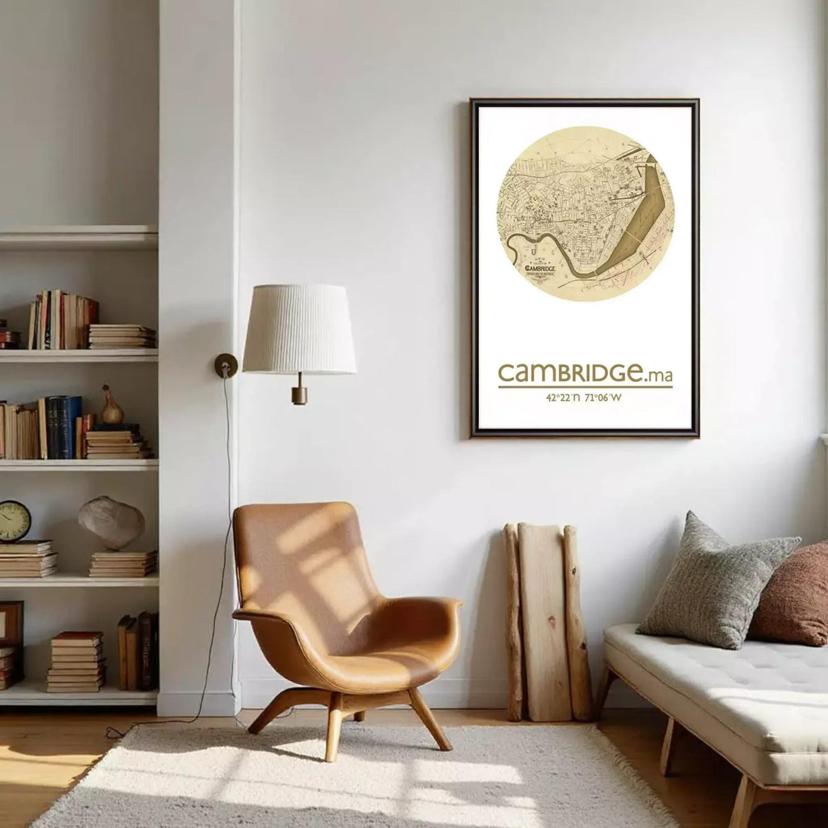 a cozy living room with a brown leather armchair, a bookshelf filled with books, and a framed map of Cambridge, England, which is hanging on the wall.