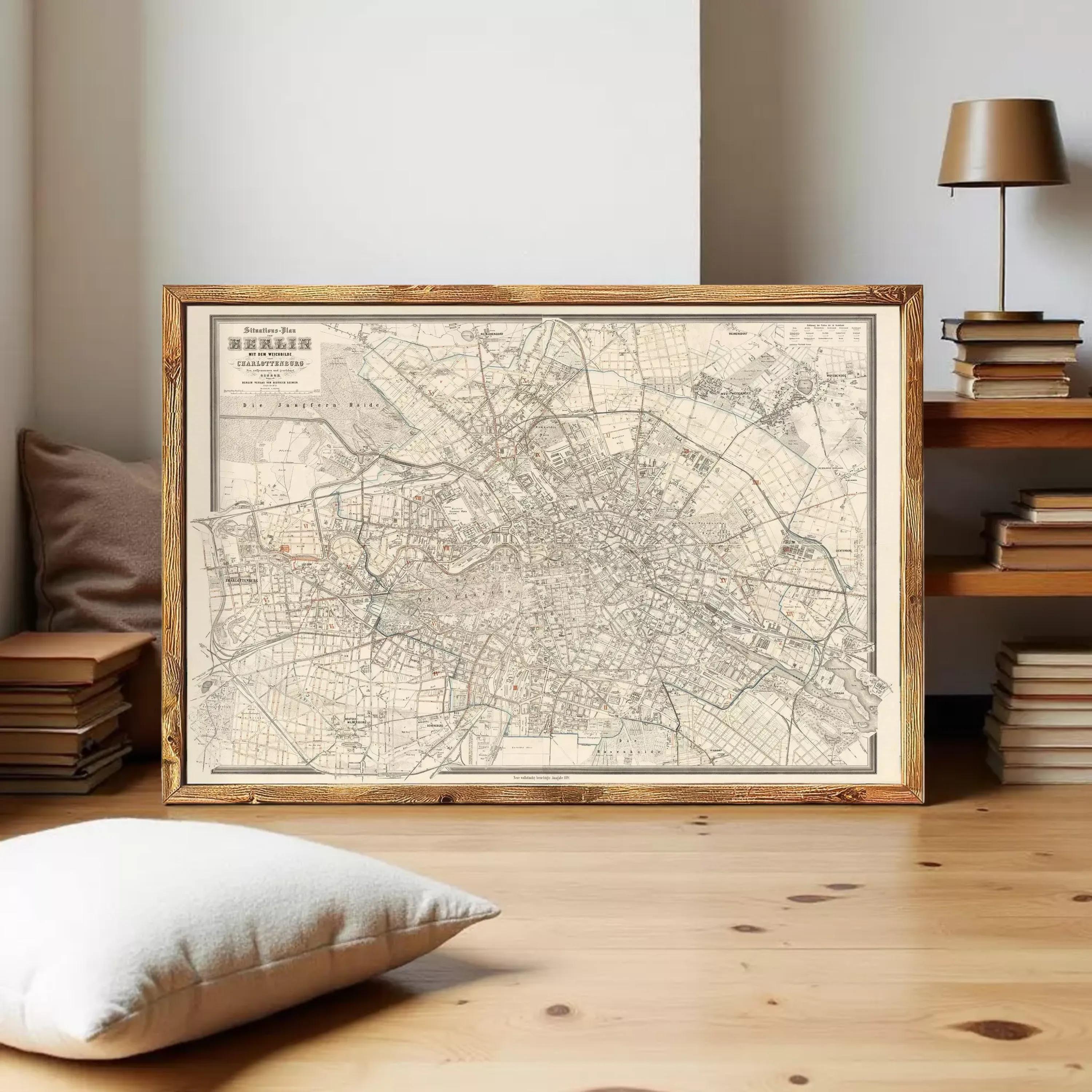 The image is a framed vintage map of Berlin, Germany, depicting the city's streets and landmarks.