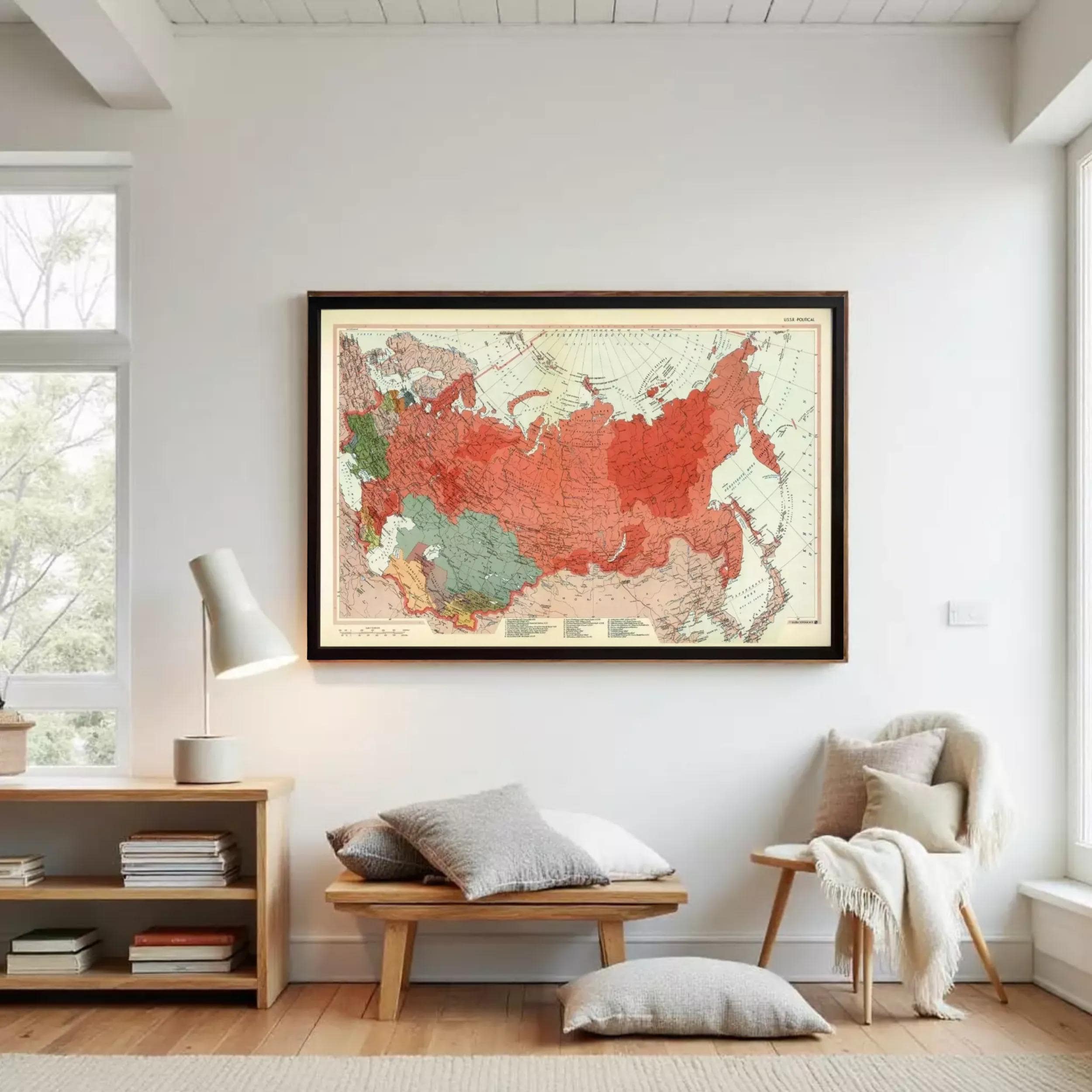 The image is a framed map of the world, depicting the continents and major landmasses in a stylized manner.