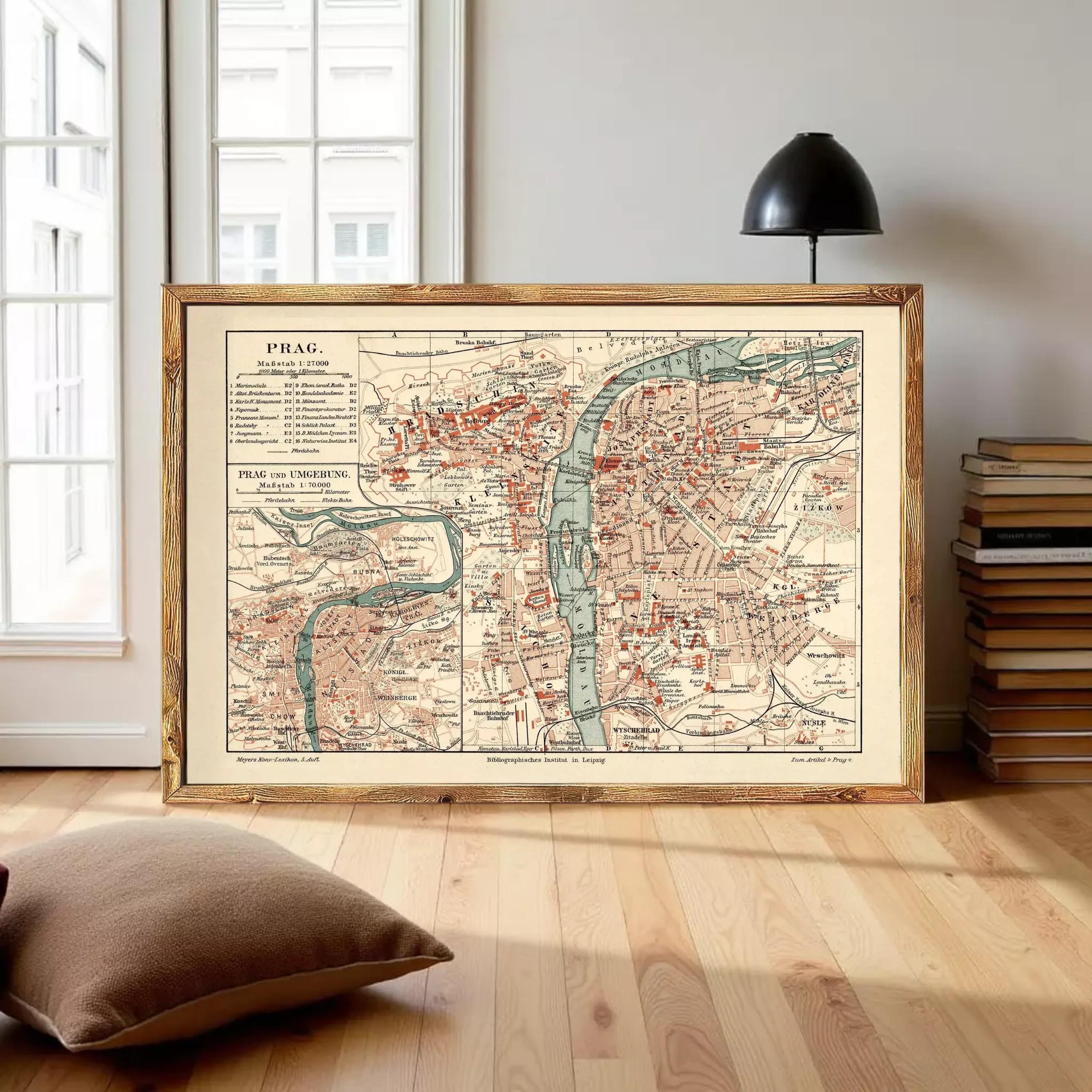 The image is a framed vintage map of Prague, Czech Republic, depicting the city's streets and landmarks.
