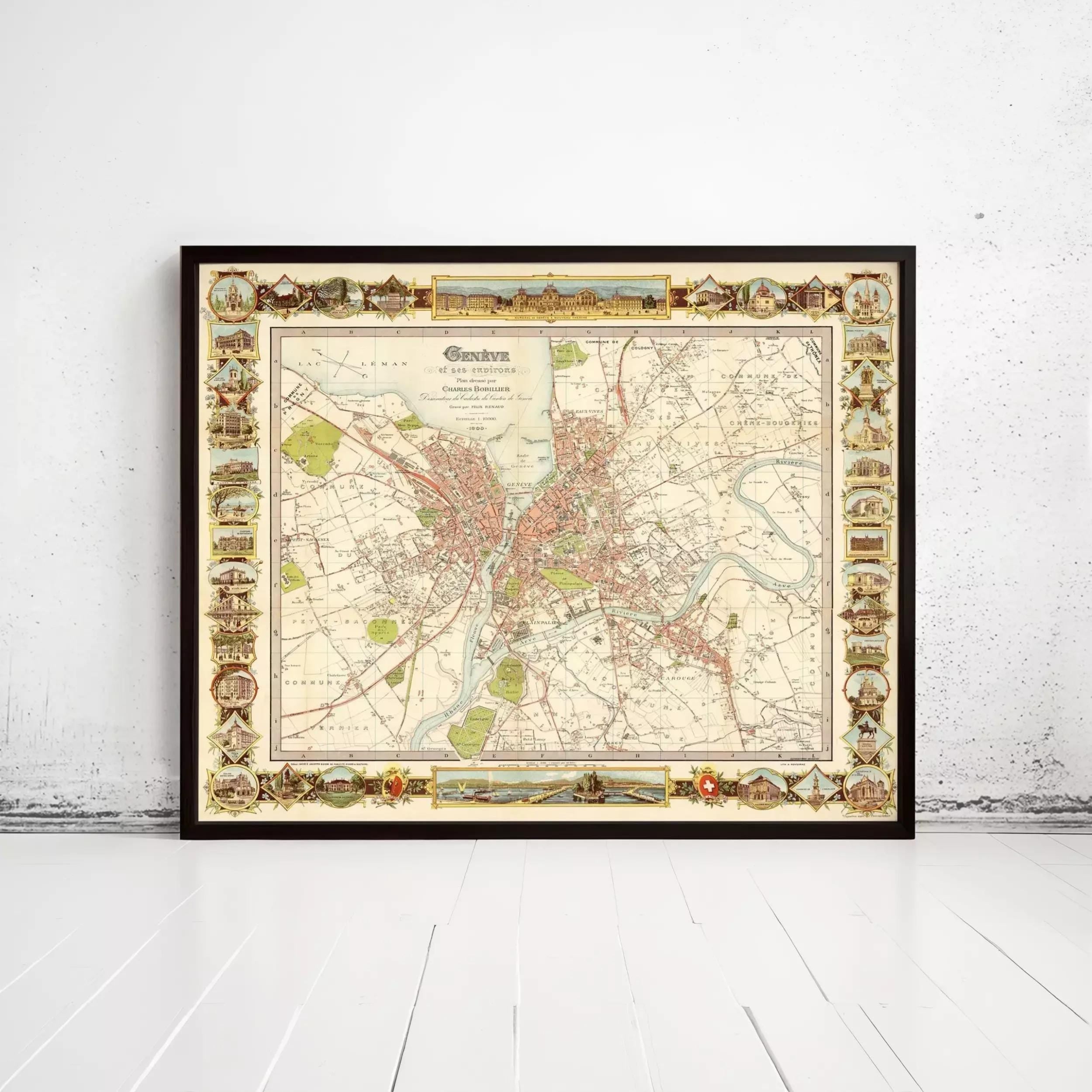 The image is a framed vintage map of a city, likely Genoa, with various landmarks and streets depicted.