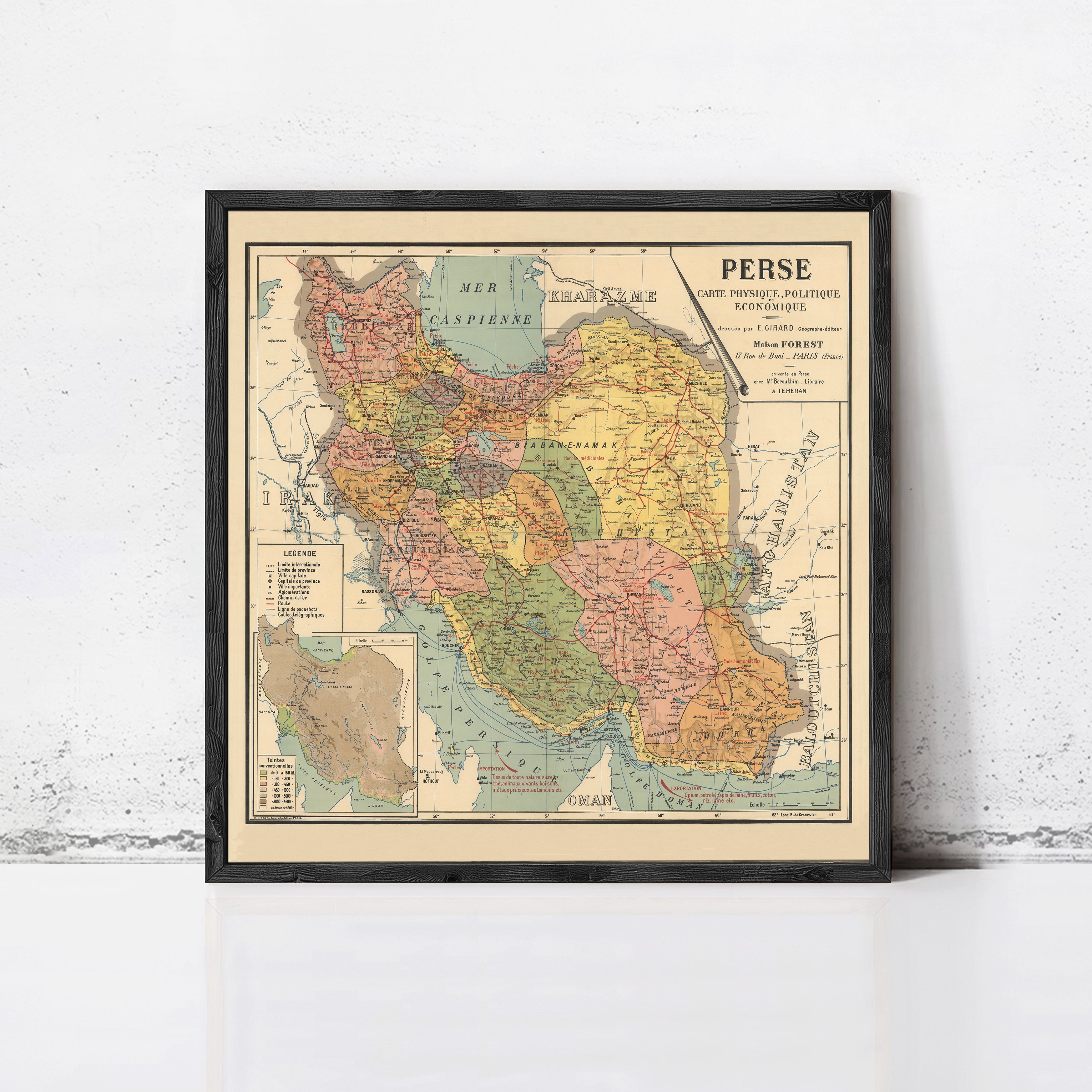 The image is a framed vintage map of Persia, showing the country's geographical layout and boundaries.