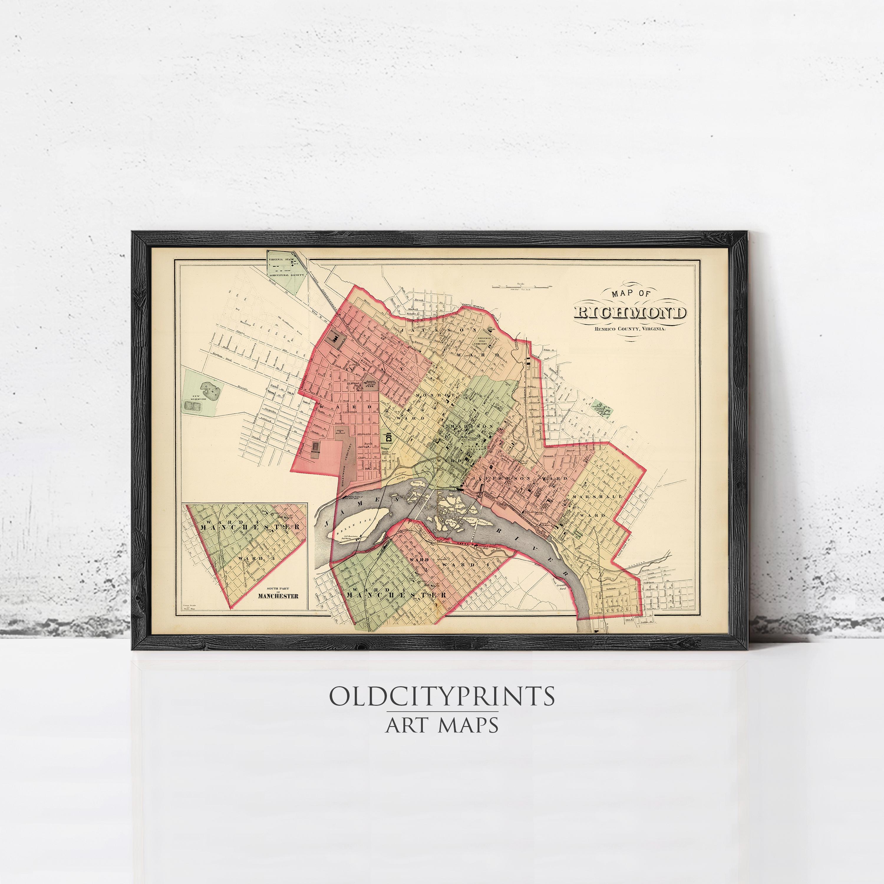 The image is a framed vintage map of Richmond, Virginia, depicting the city's layout and surrounding areas.