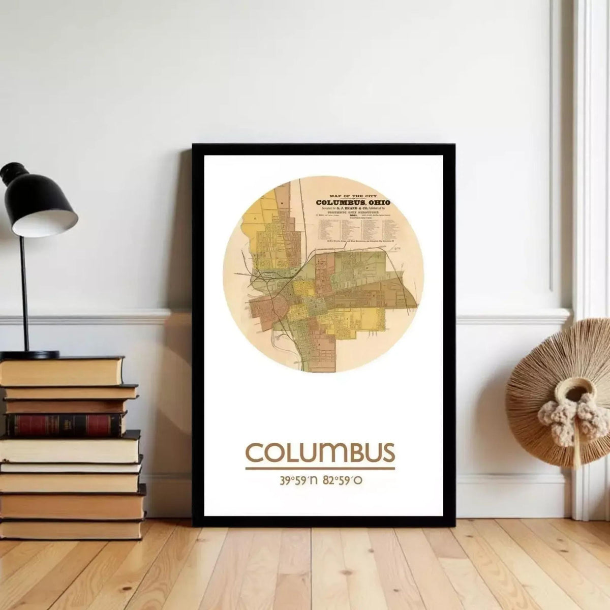 A framed map of Columbus, Ohio, with the city's name and location prominently displayed.