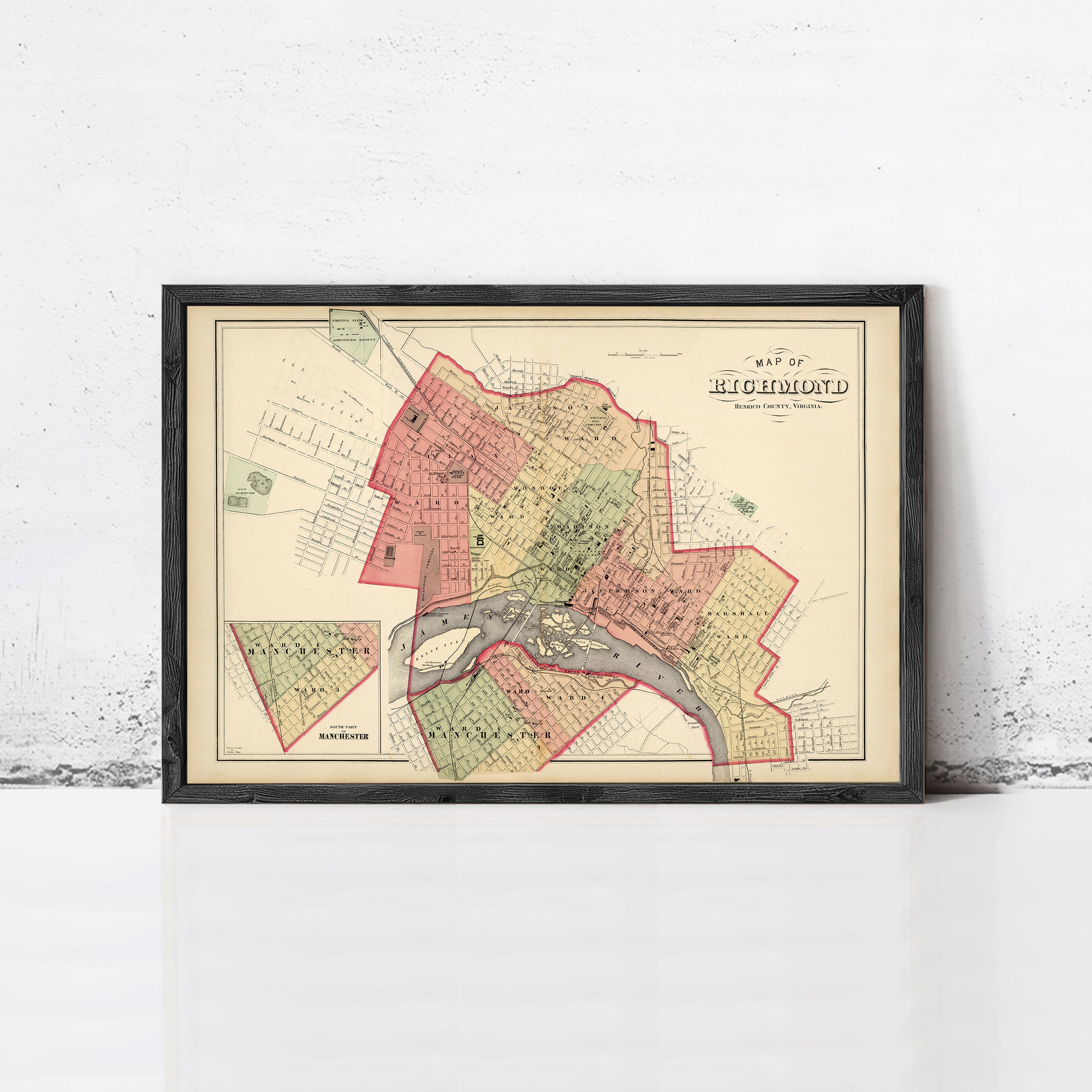 The image is a framed map of Richmond, Virginia, depicting the city's layout and surrounding areas.