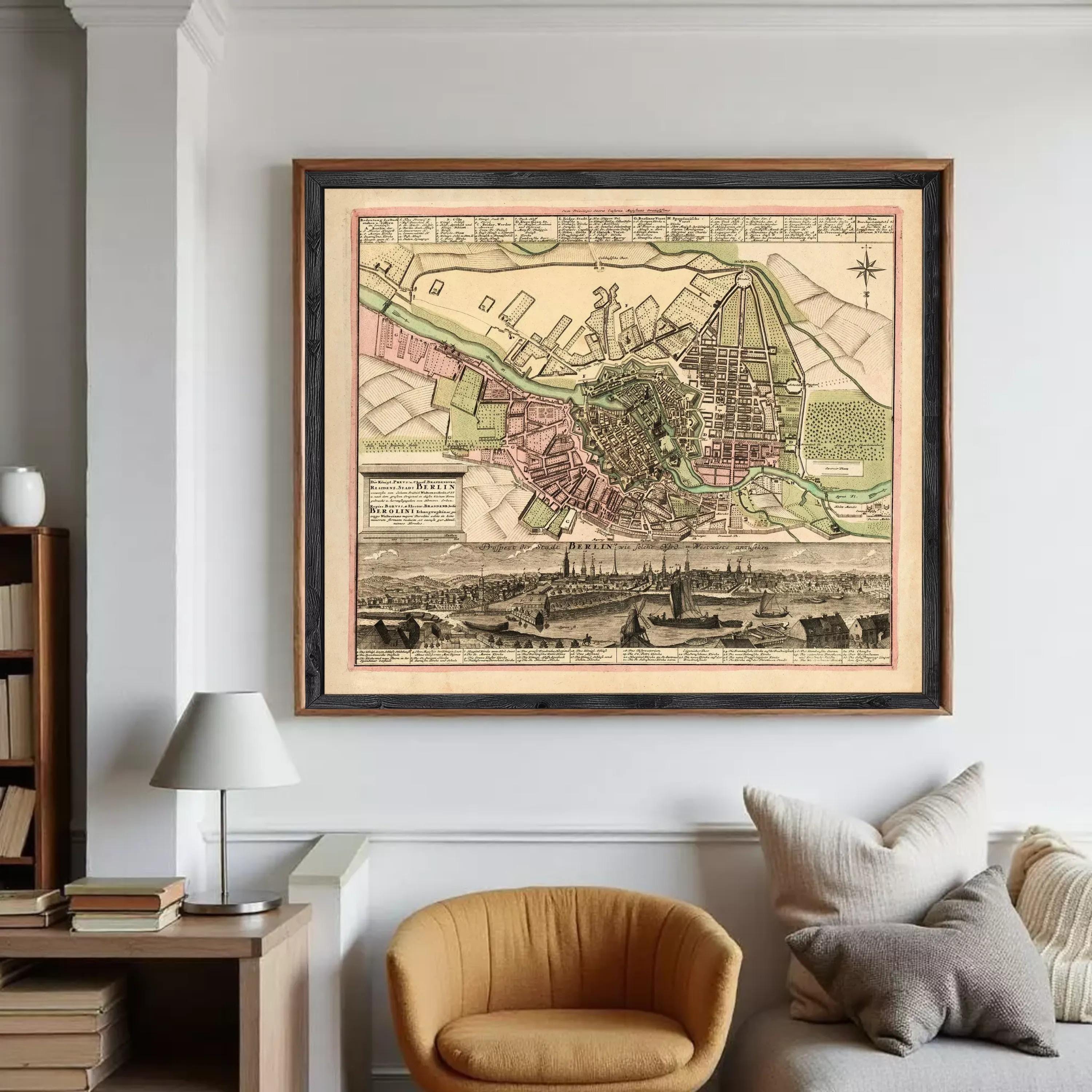 The image is a framed vintage map of Berlin, Germany, depicting the city's layout and surrounding areas.