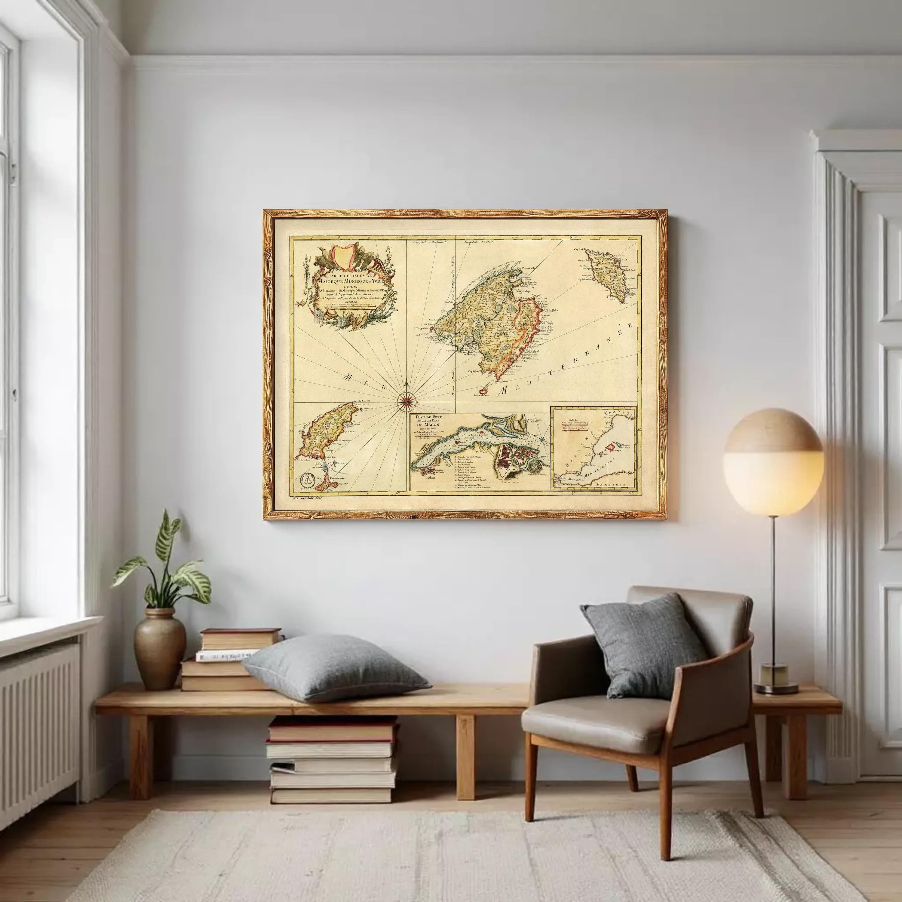 The image is a framed vintage map of the Mediterranean region, depicting various islands and coastal areas.