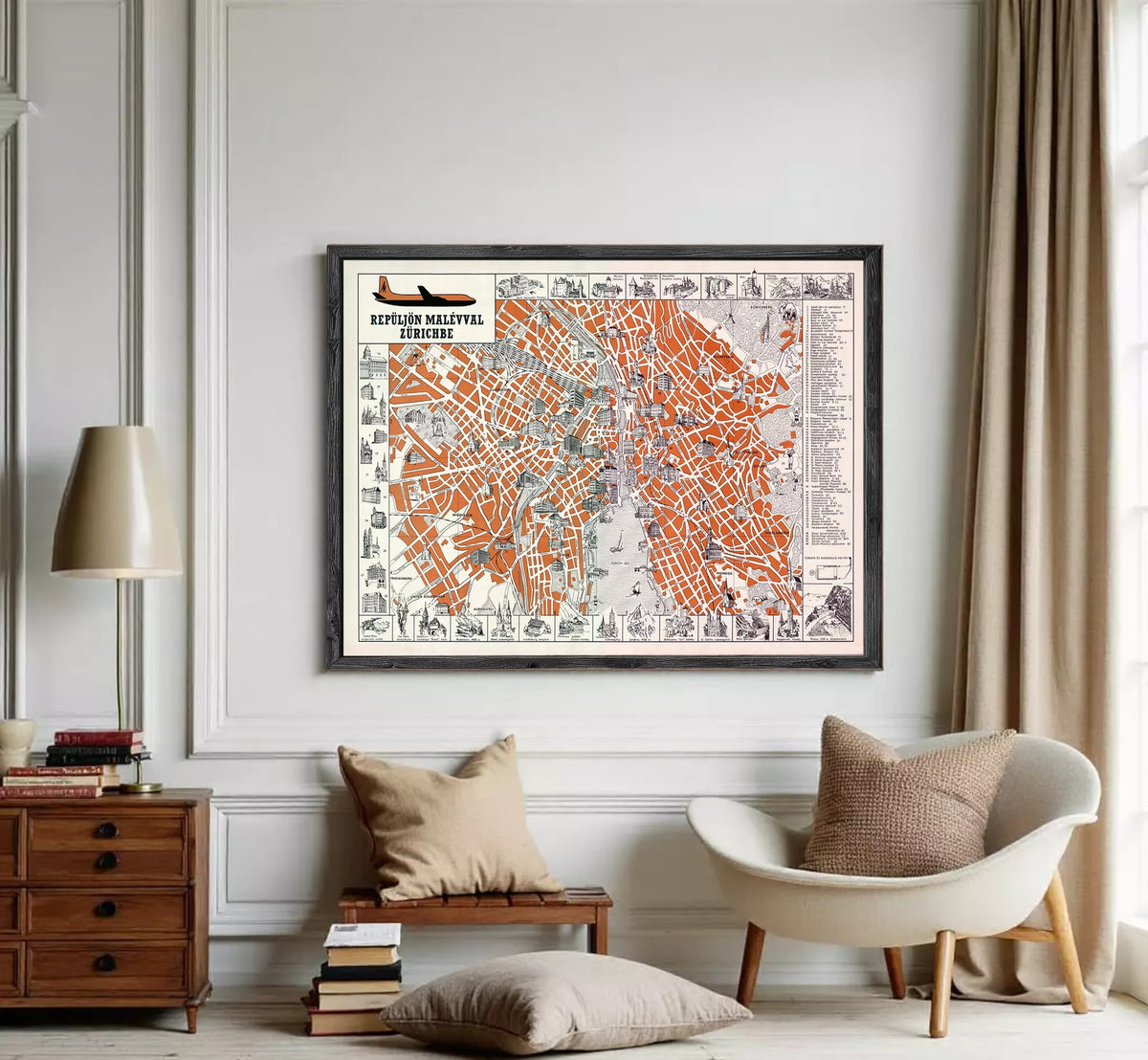 The image is a framed vintage map of Prague, Czech Republic, depicting the city's streets and landmarks in an orange and black color scheme.