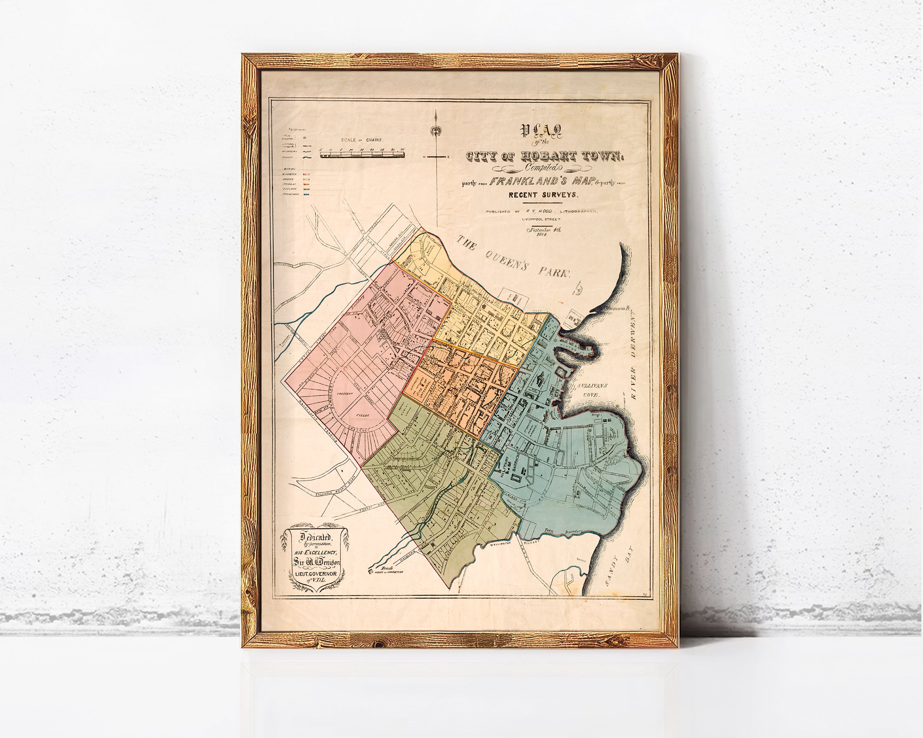 The image is a framed map of the city of Hobart, showing the layout of the town and surrounding areas.