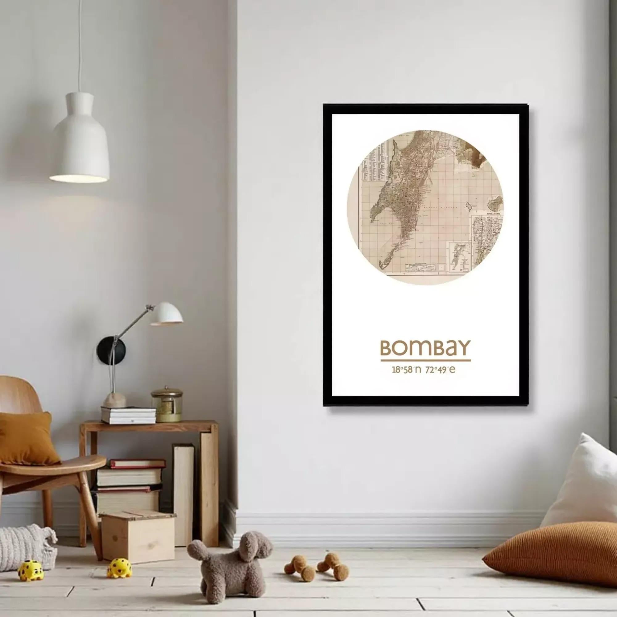 a cozy living room with a framed map of Bombay, a city in India, hanging on the wall. The room has a wooden floor, a chair, a lamp, and some books and toys scattered around.