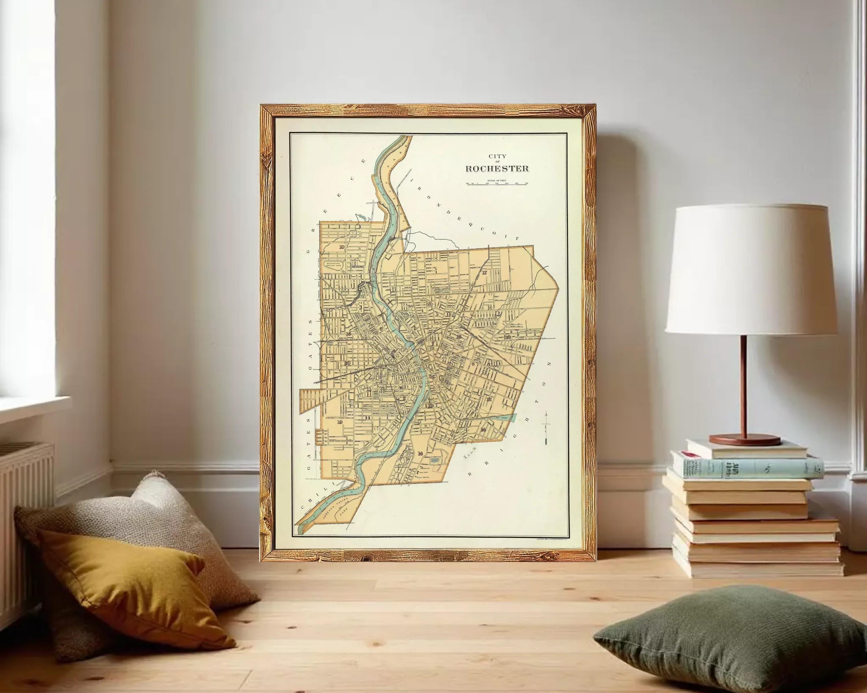 The image is a framed vintage map of the city of Rochester, New York.