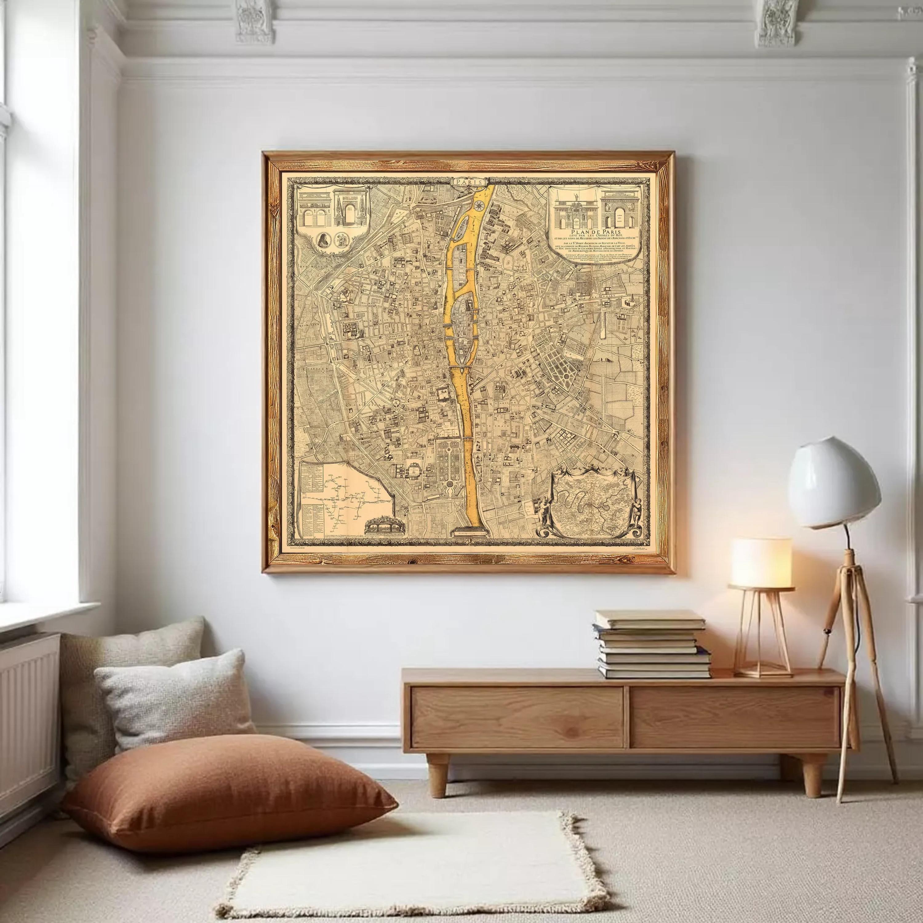 The image is a framed vintage map of a city, depicting a detailed layout of streets, buildings, and other urban features.