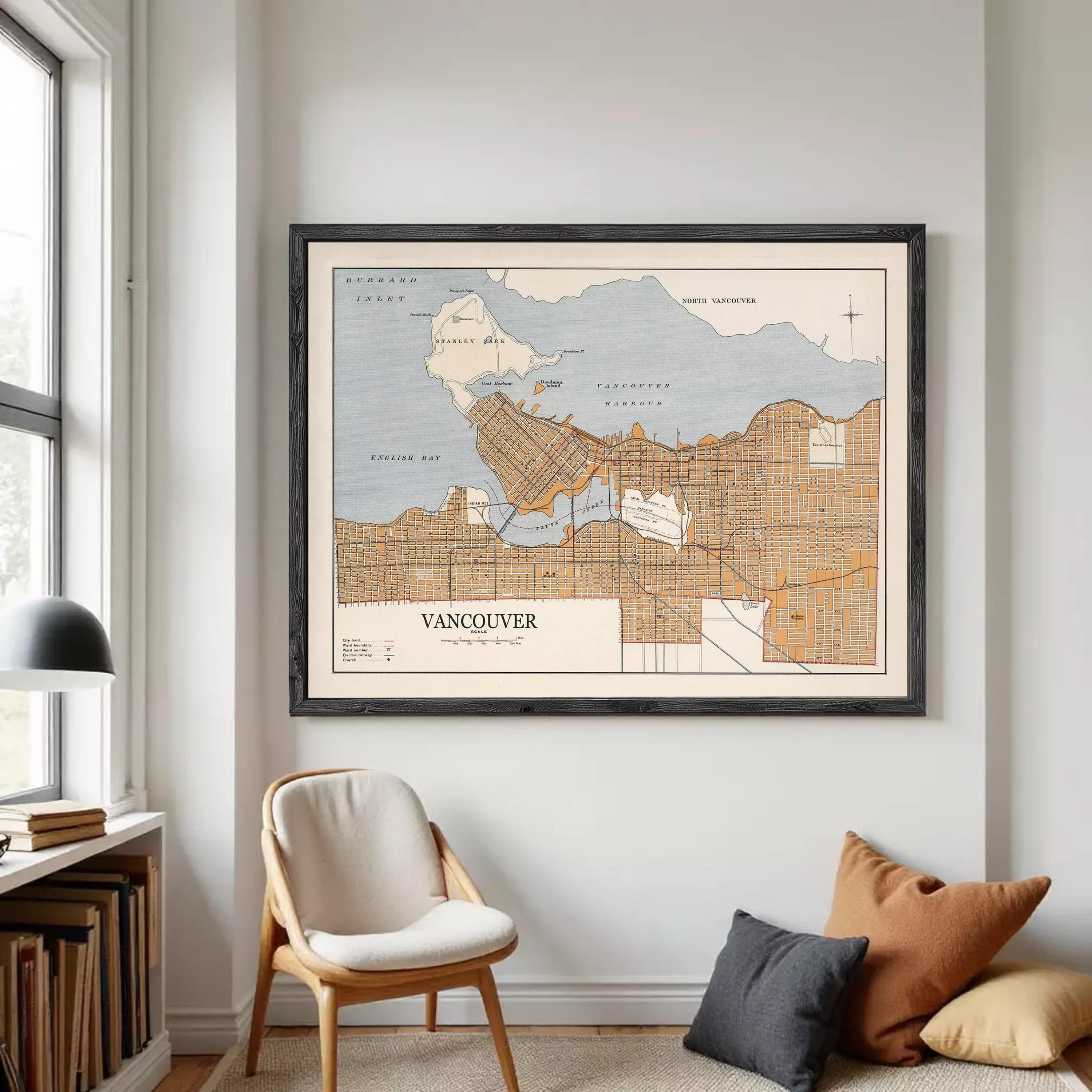 The image is a framed map of Vancouver, Canada, depicting the city's streets and surrounding areas.