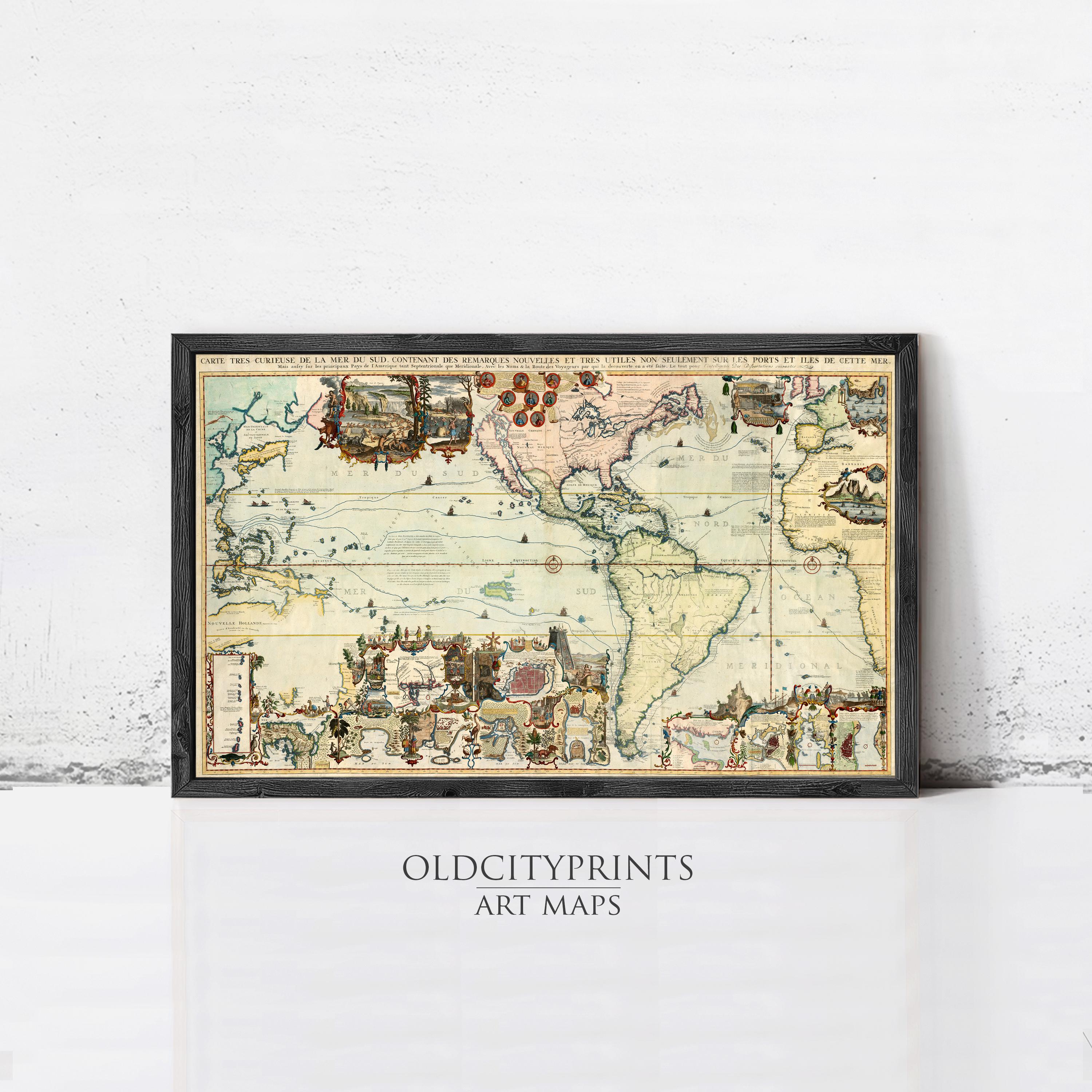The image is a framed vintage map of the world, depicting various landmarks and geographical features.
