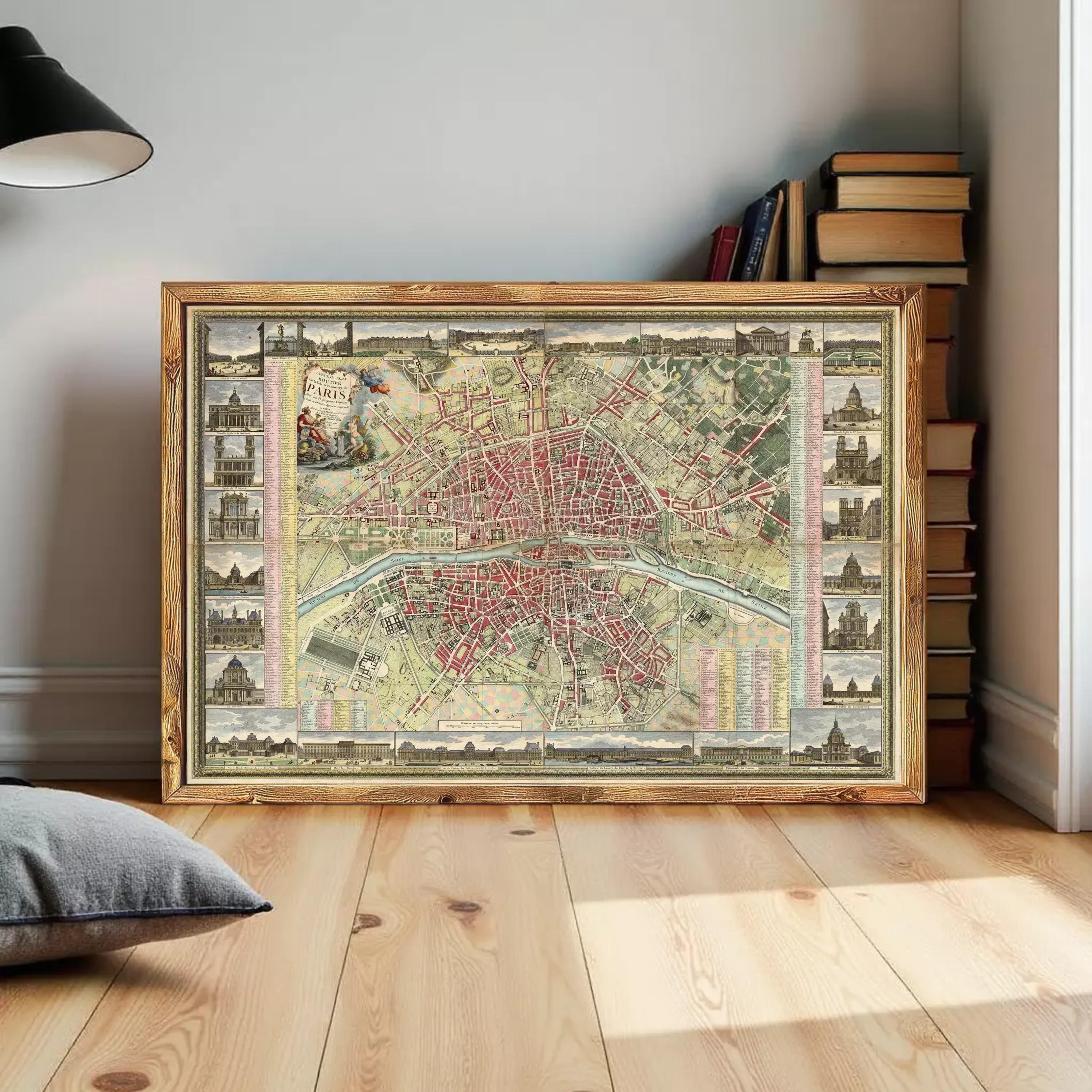The image is a framed vintage map of Paris, France, depicting the city's streets and landmarks.