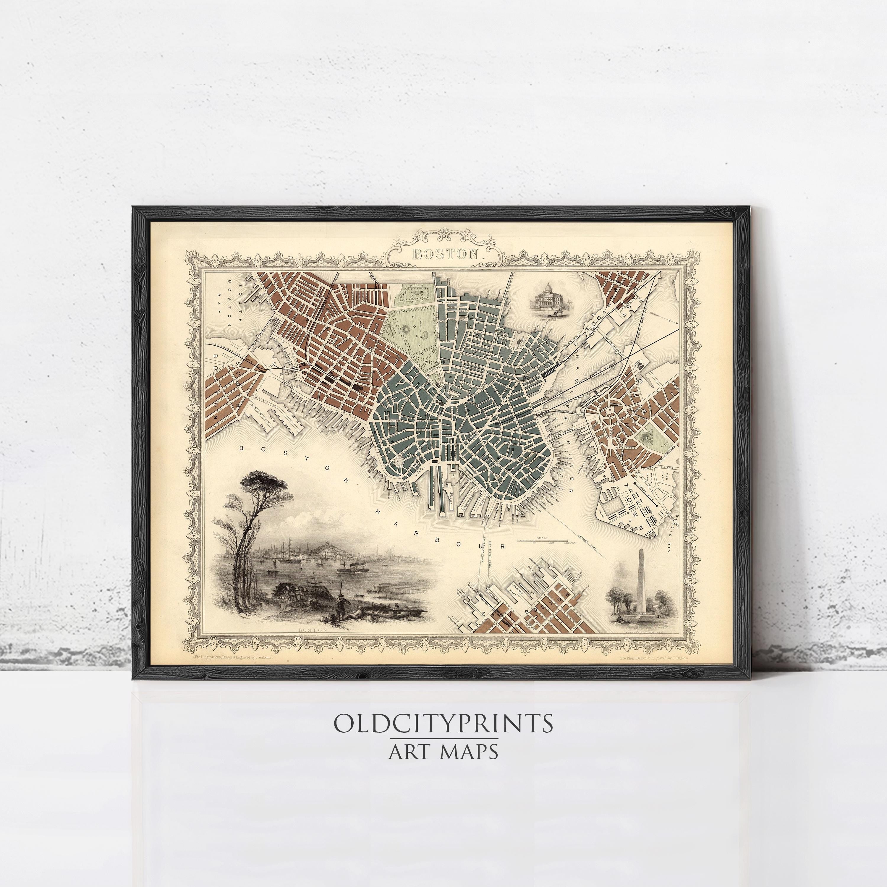 The image is a framed vintage map of Boston, Massachusetts, depicting the city's streets and landmarks.