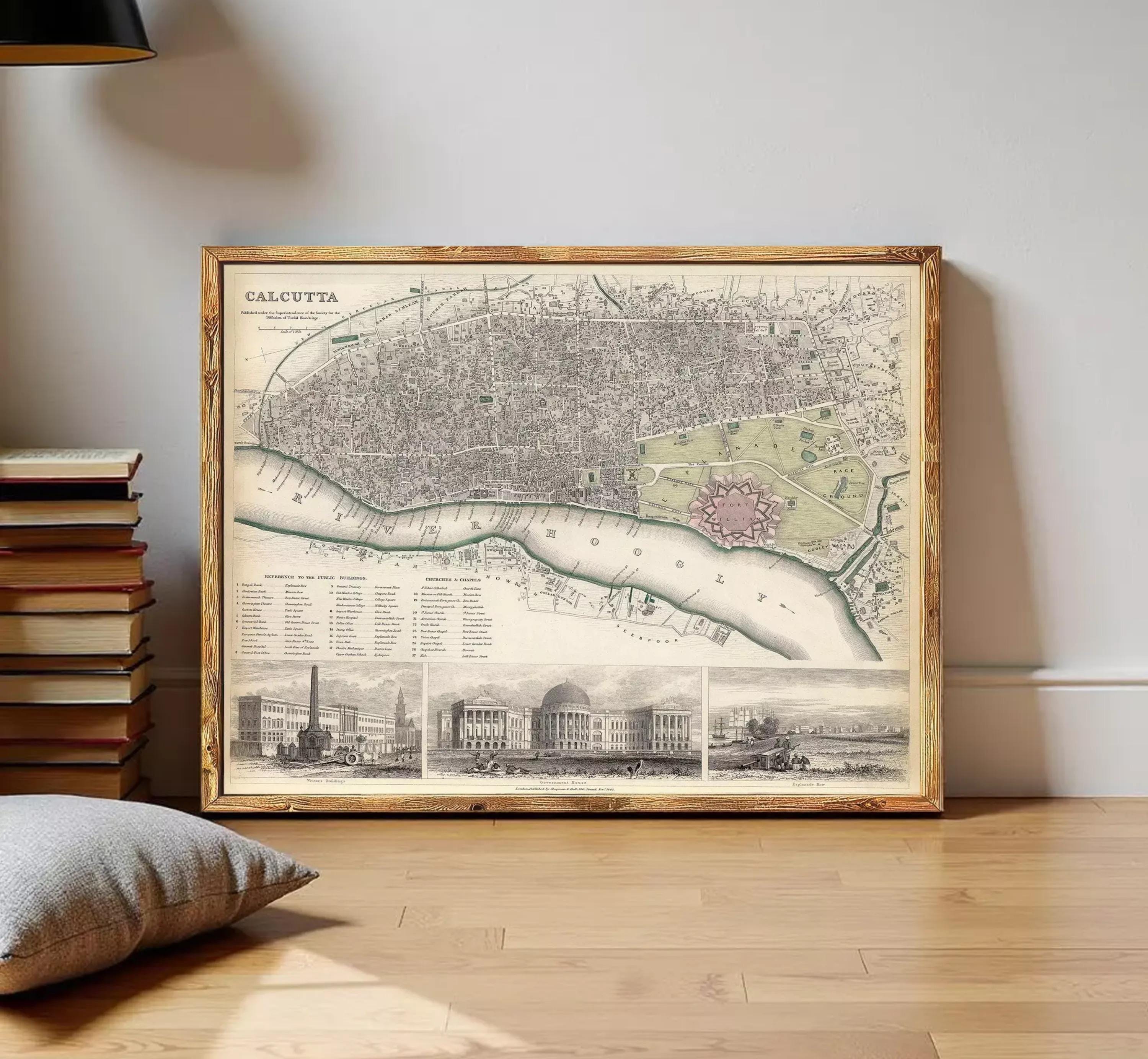The image is a framed vintage map of Calcutta, India, depicting the city's layout and surrounding areas.