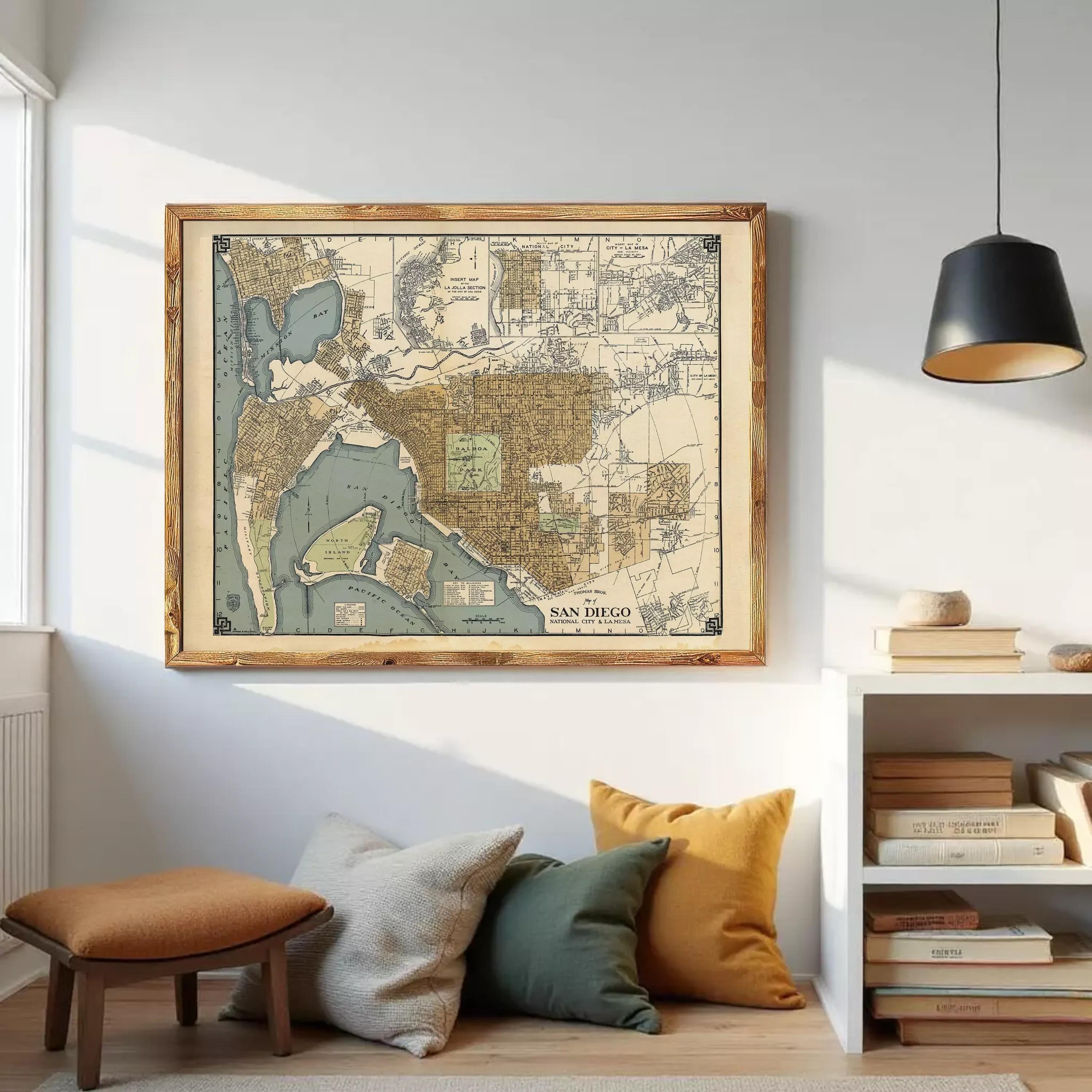 The image is a framed vintage map of San Diego, California, depicting the city's layout and surrounding areas.