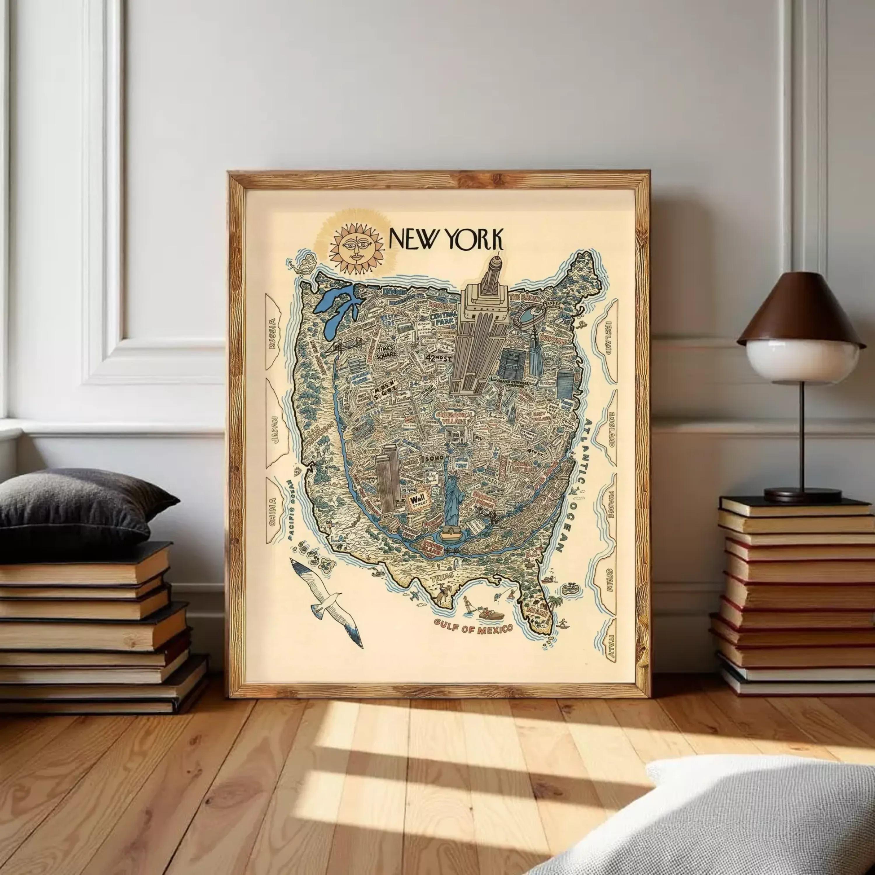 The image is a framed map of New York, depicting various landmarks and locations within the city.