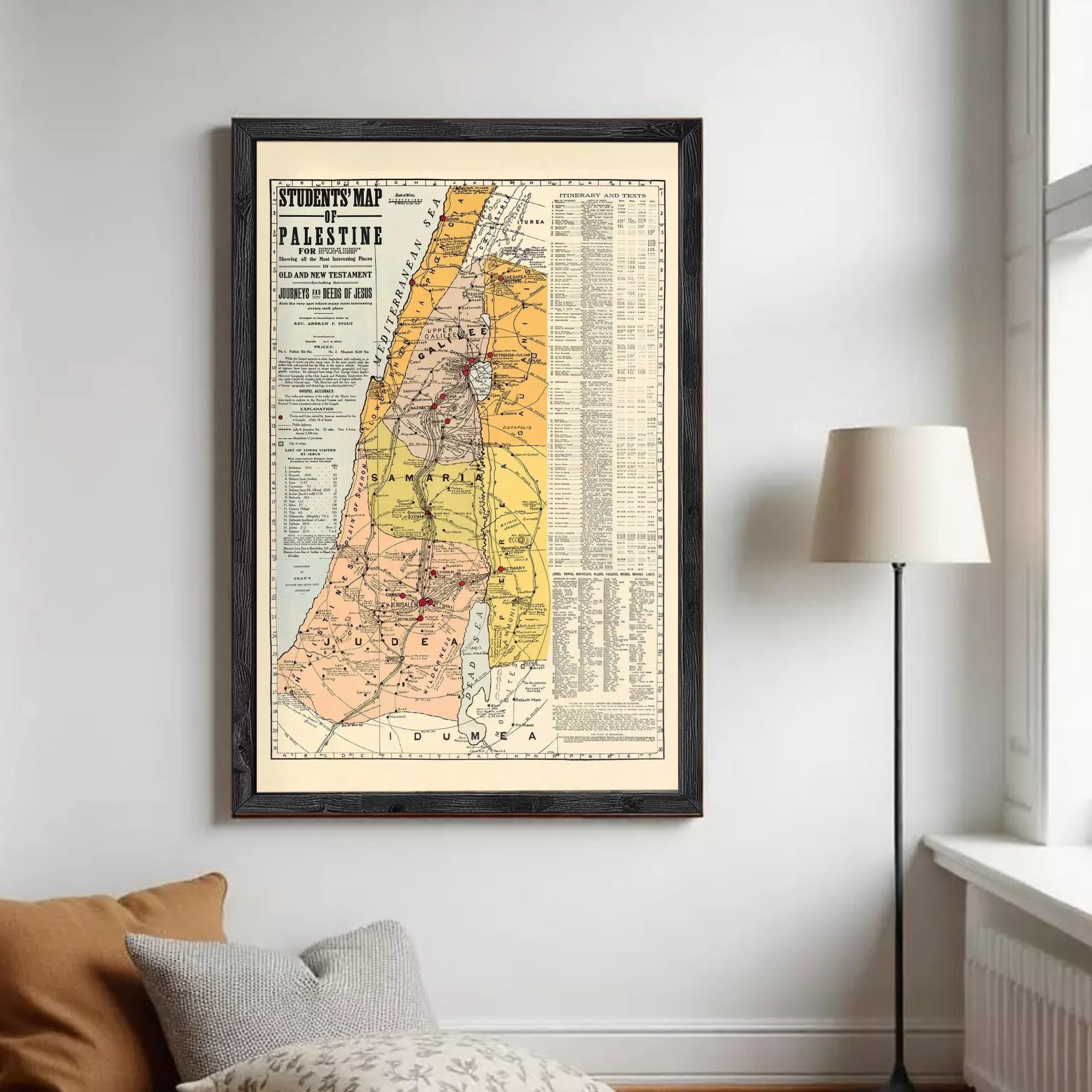 The image is a framed vintage map of the Middle East, specifically focusing on the region of Palestine.