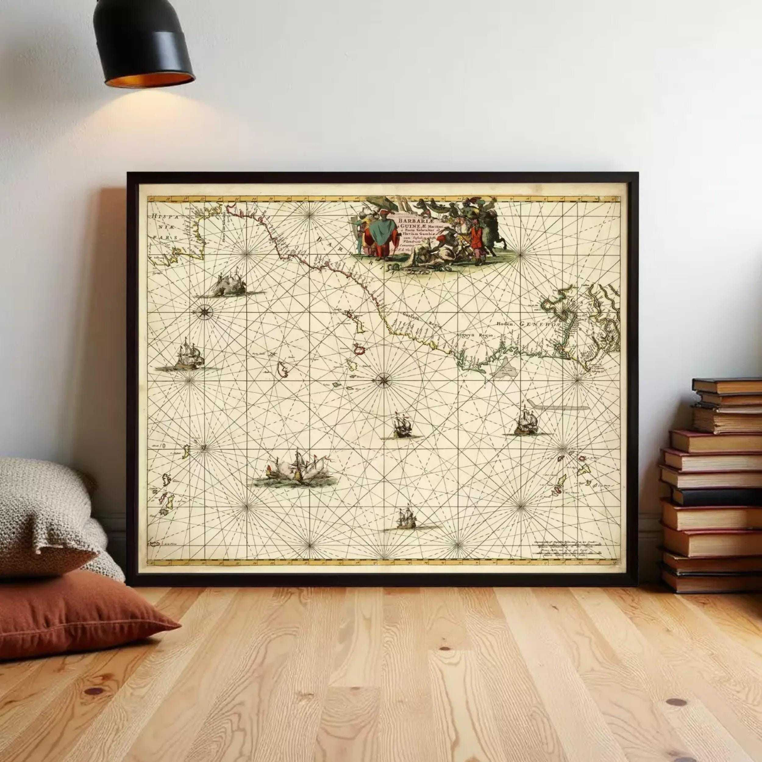 The image is a framed vintage map of the Caribbean Sea, featuring various ships and landmarks.