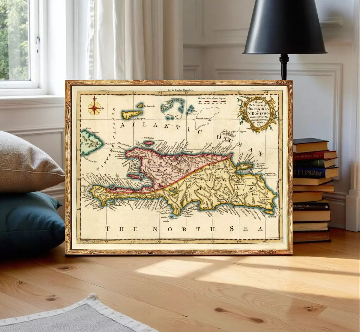 The image is a framed vintage map of the Caribbean Sea, including the Bahamas, Cuba, and the North and South Seas.