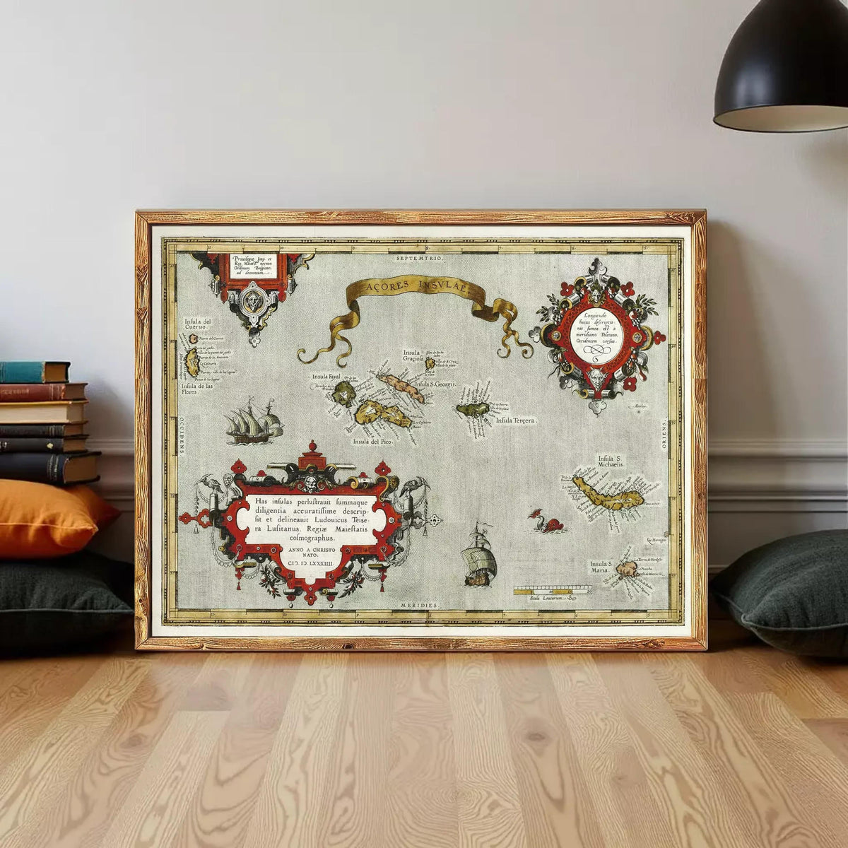 The image is a framed print featuring a map with various illustrations and text.