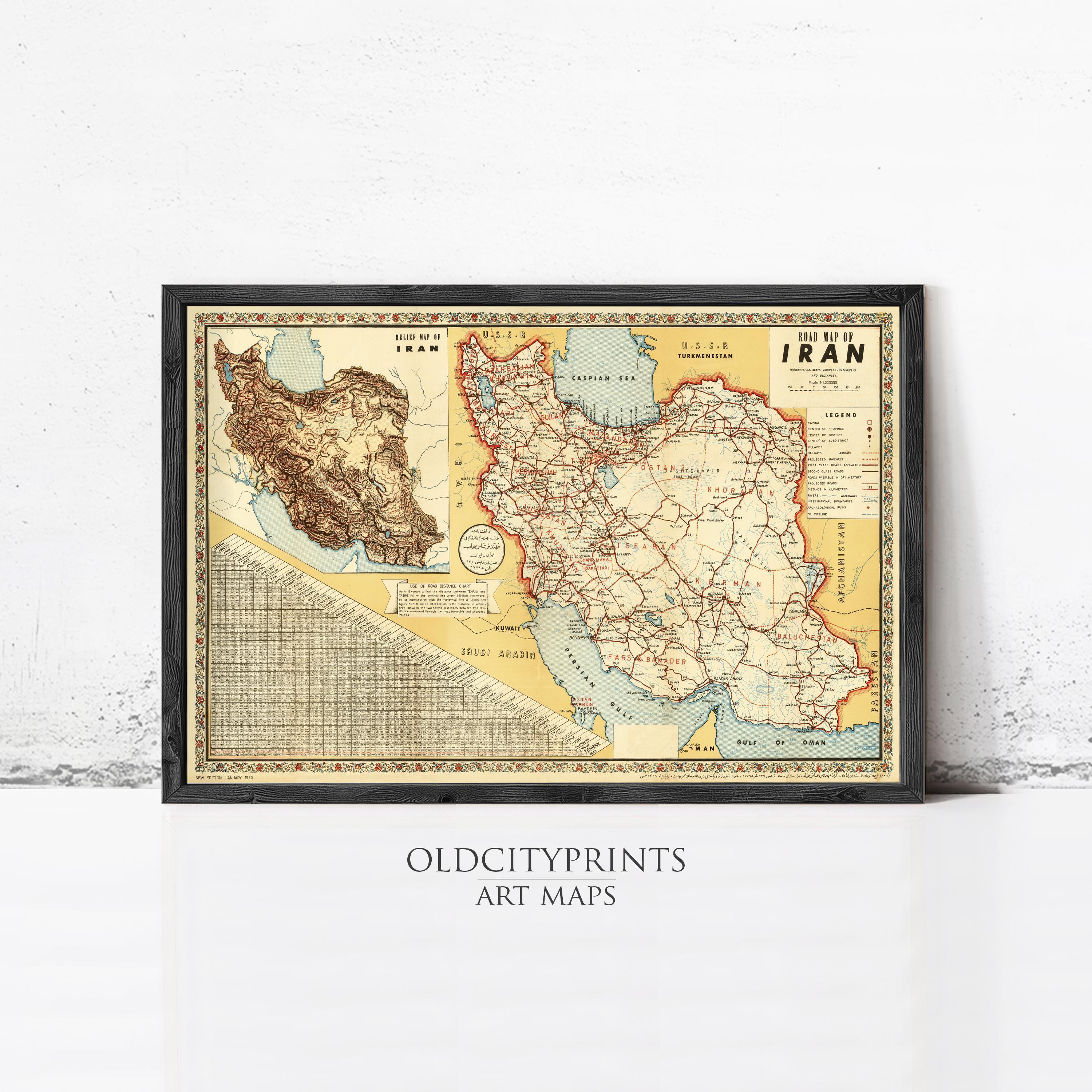 The image is a framed vintage map of Iran, depicting the country's geographical layout and surrounding areas.