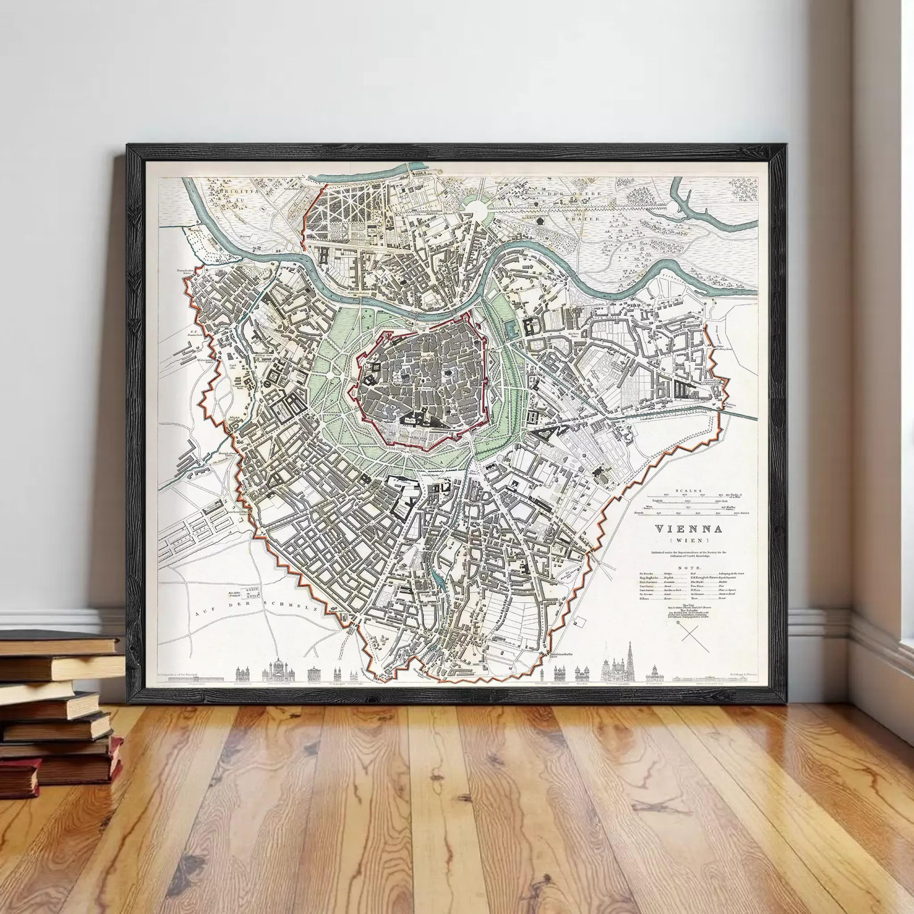 The image is a framed map of Vienna, Austria, depicting the city's layout and surrounding areas.