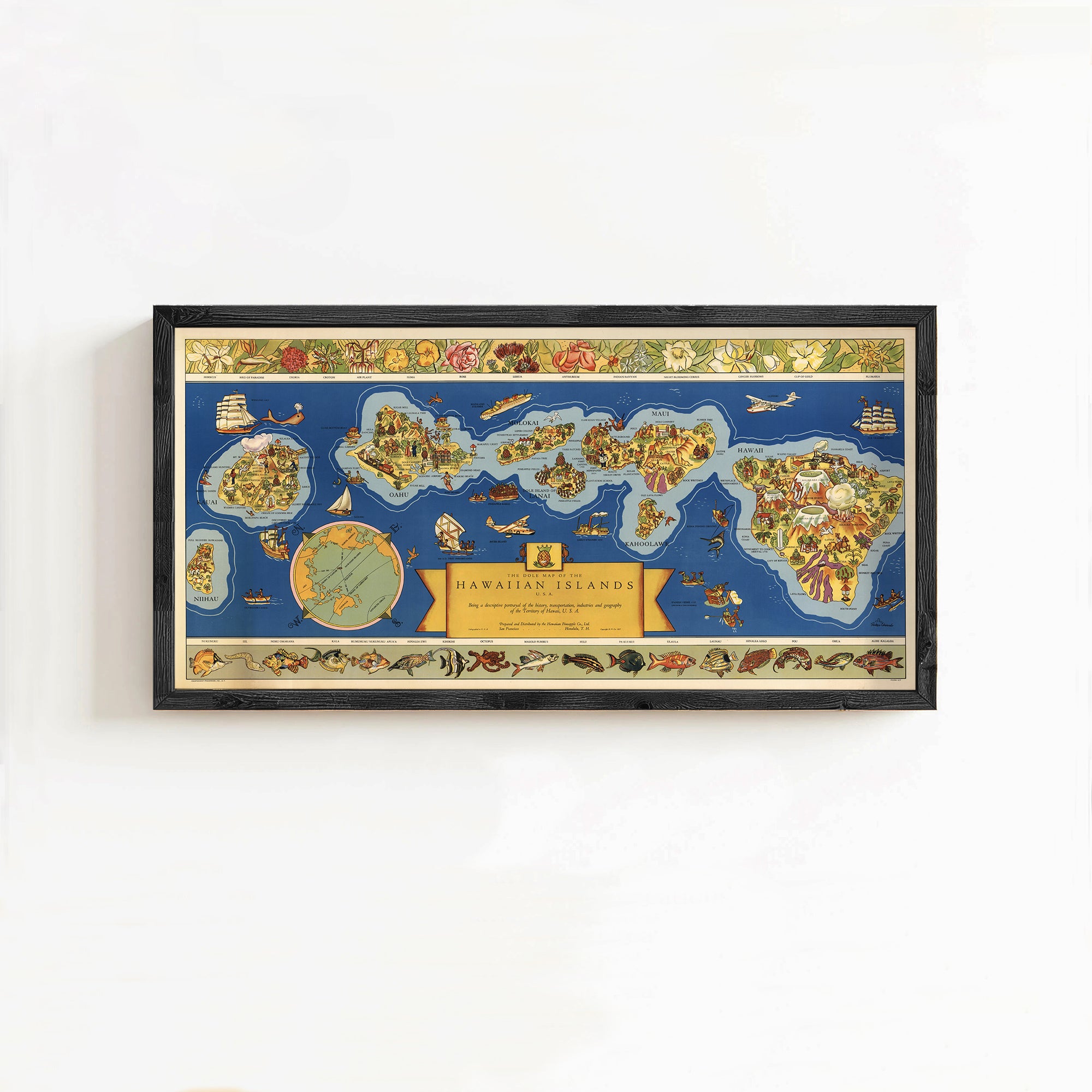 The image is a framed vintage map of the Hawaiian Islands, depicting various islands, landmarks, and marine life.