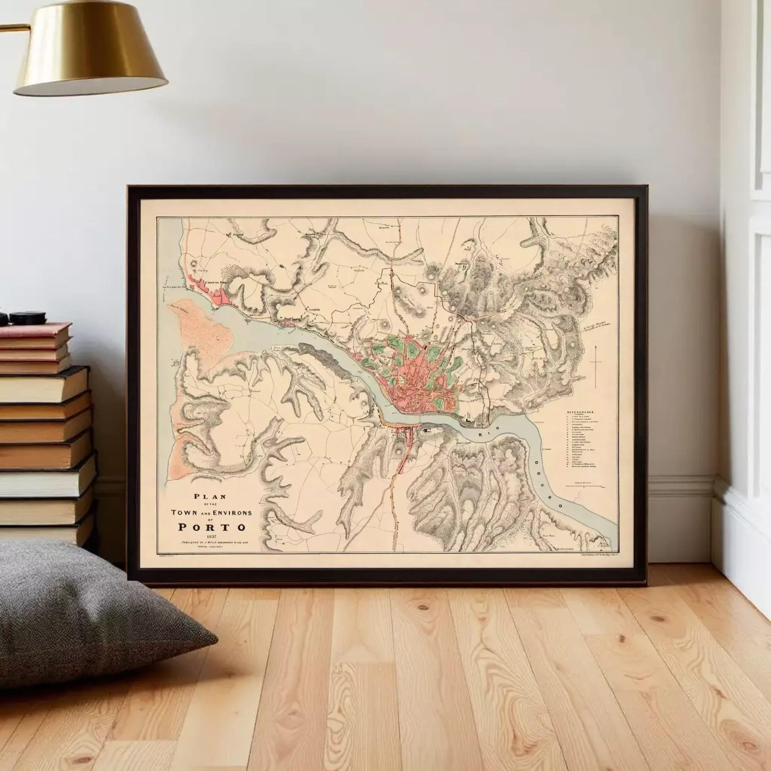 The image is a framed vintage map of the city of Porto, Portugal, depicting the city's layout and surrounding areas.