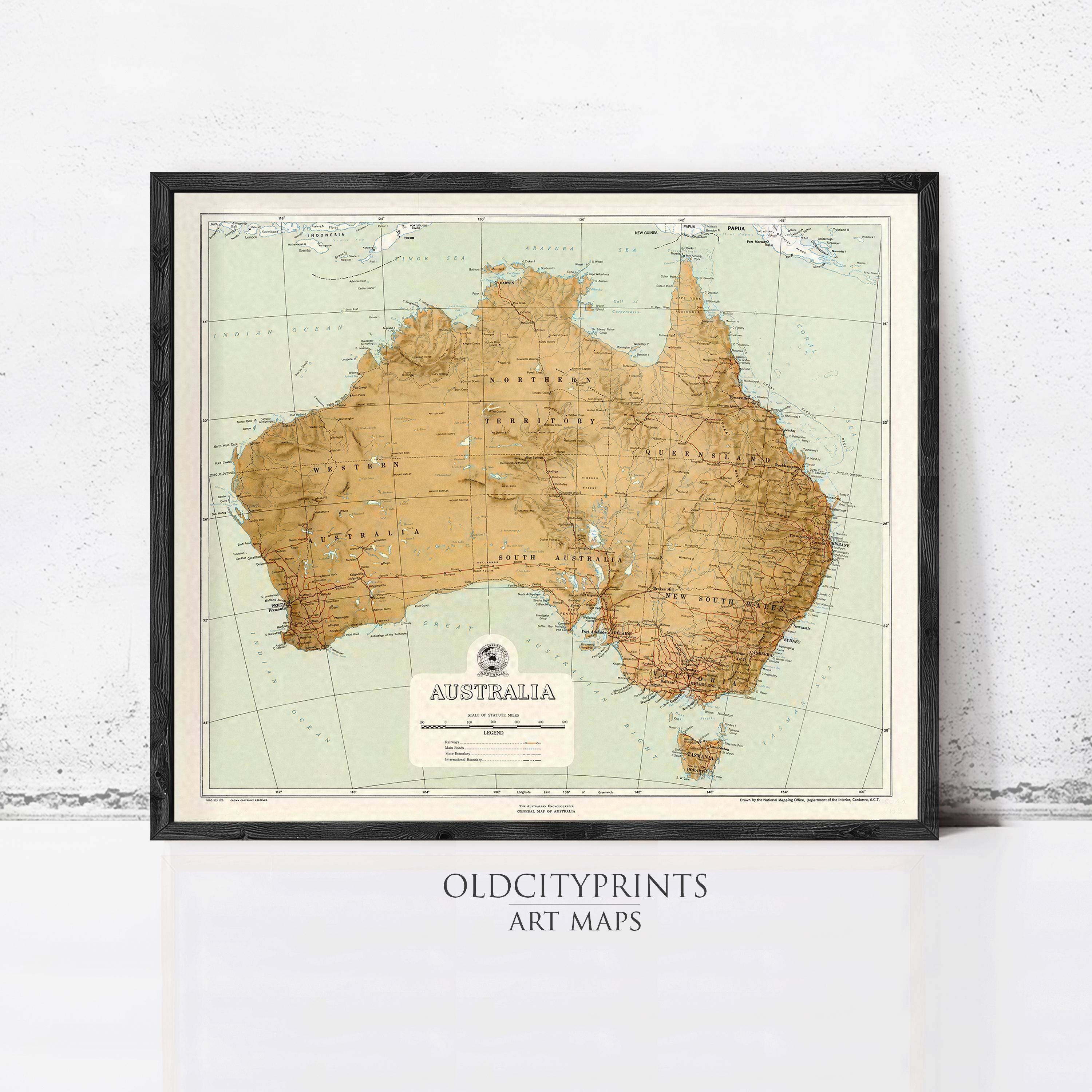 The image is a framed map of Australia, with the text "AUSTRALIA" prominently displayed.