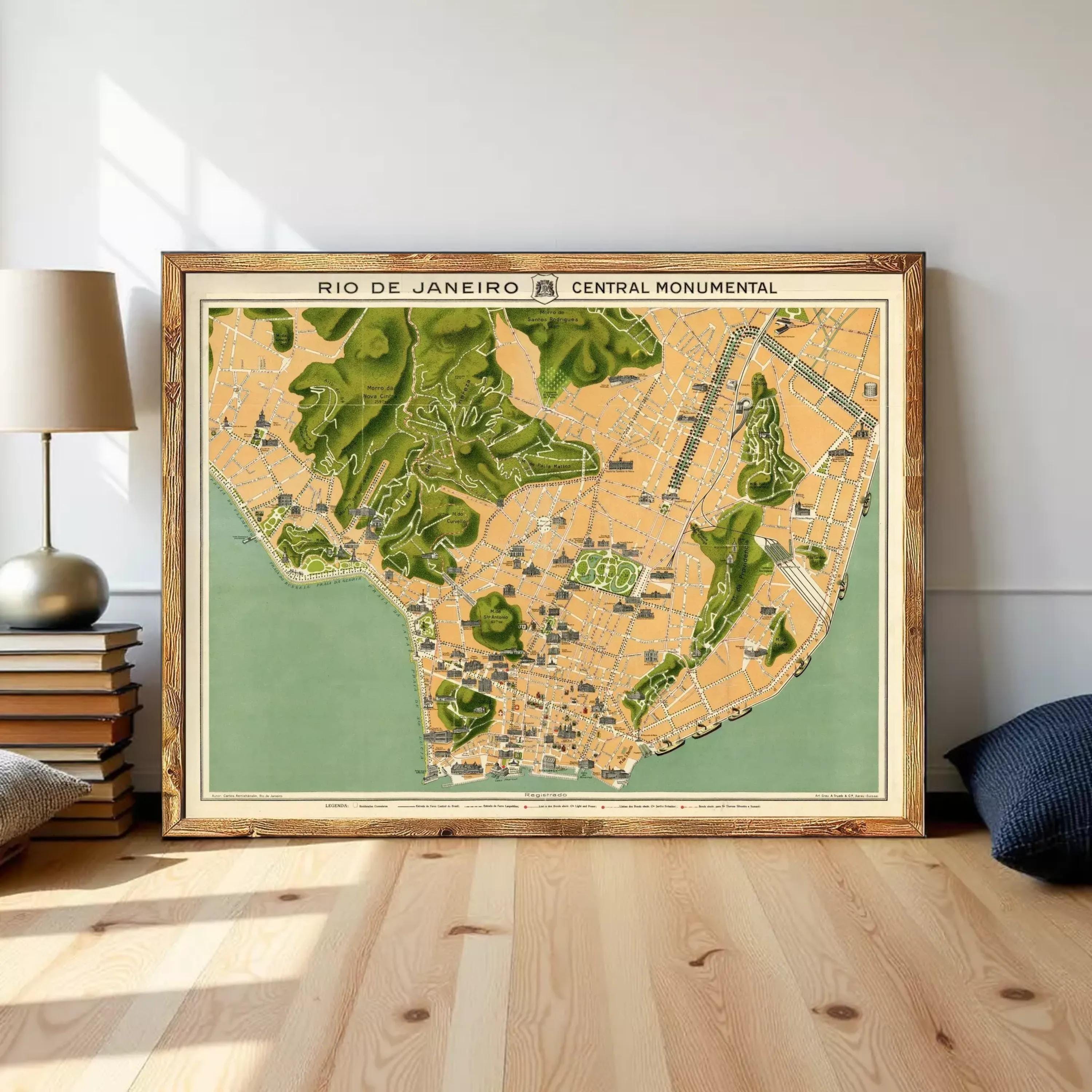 a framed map of Rio de Janeiro, Brazil, with a focus on the central monument.