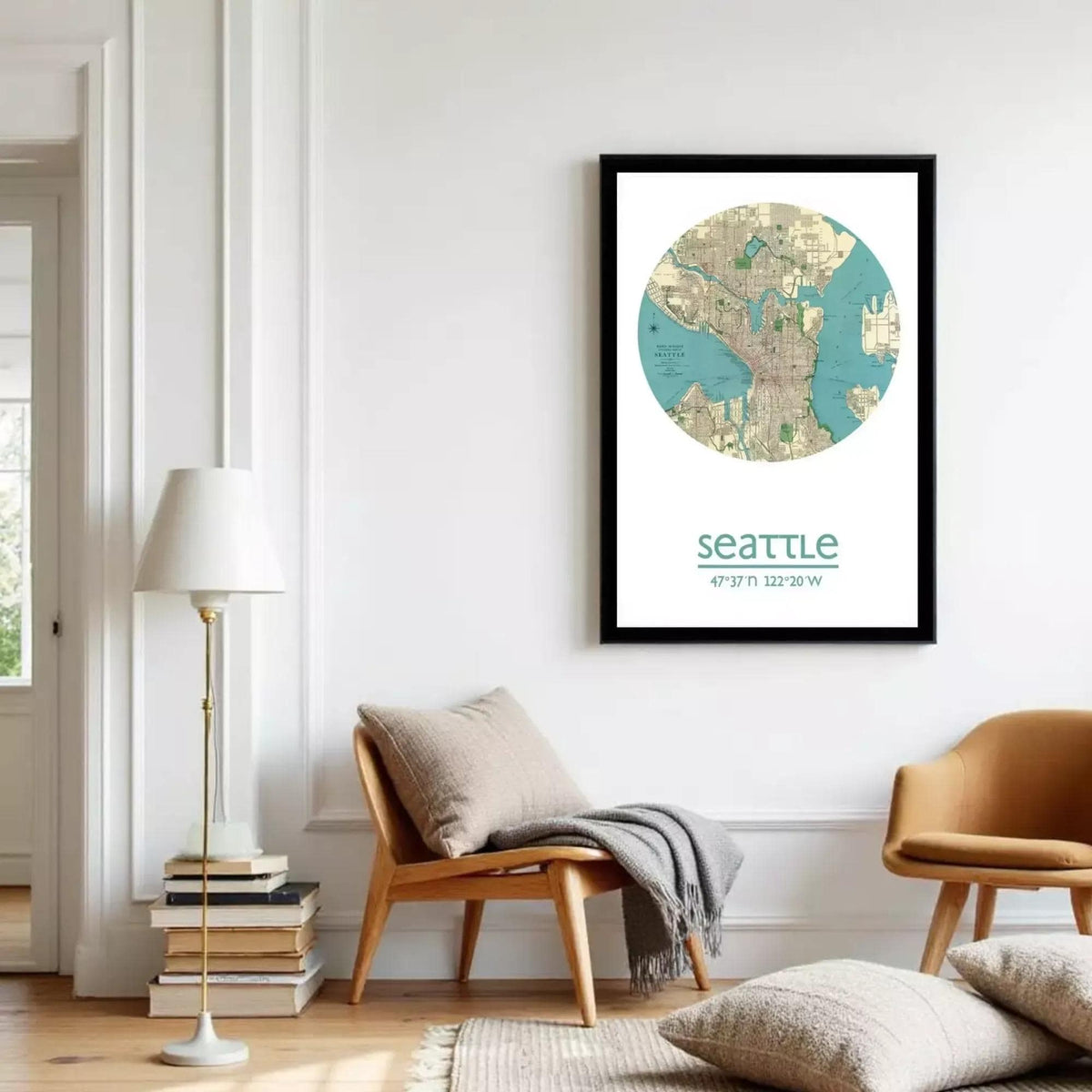 A framed map of Seattle, Washington, with the city's location and surrounding areas marked.