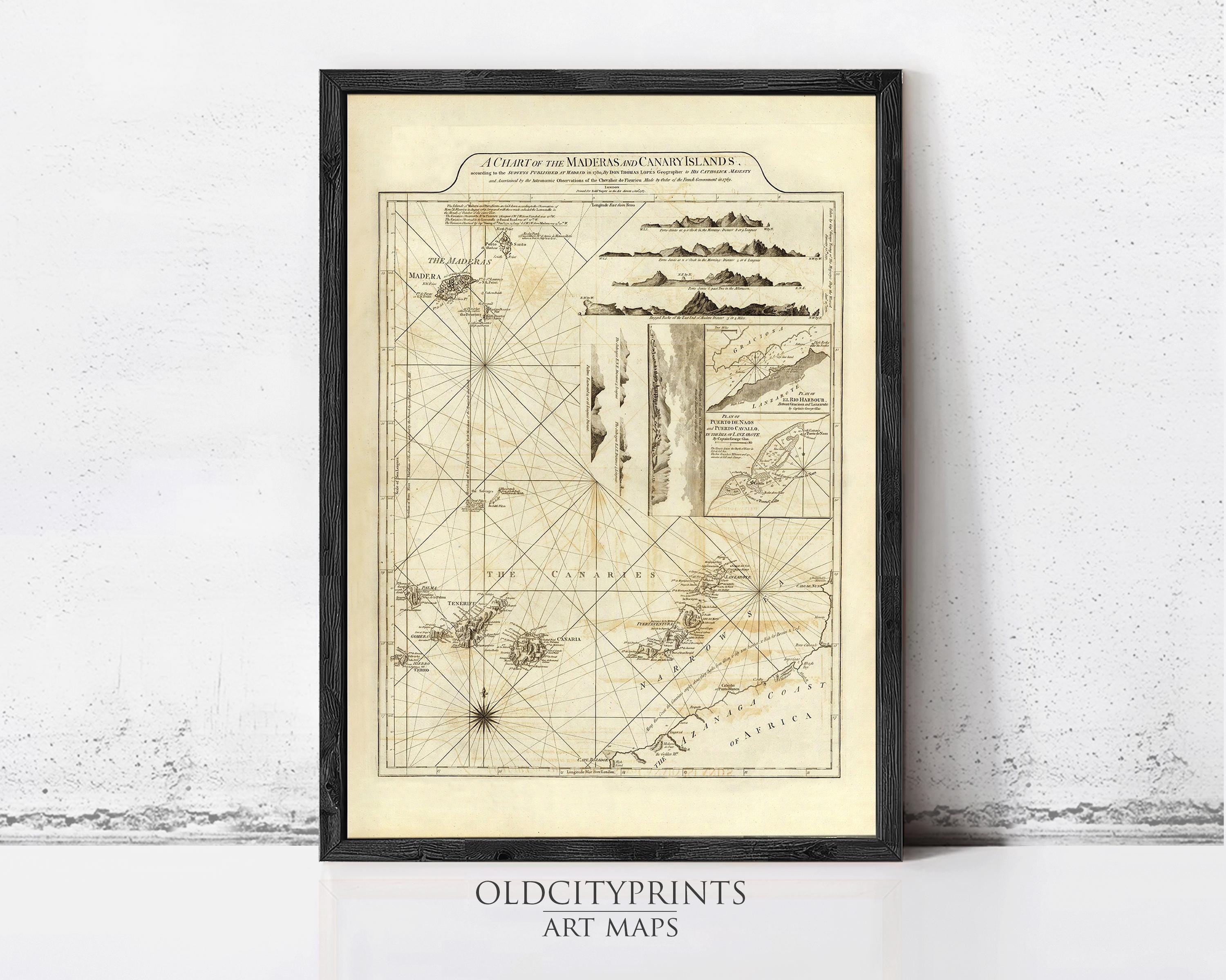 A framed antique map of the Mediterranean and Canary Islands, featuring detailed cartography and geographical information.