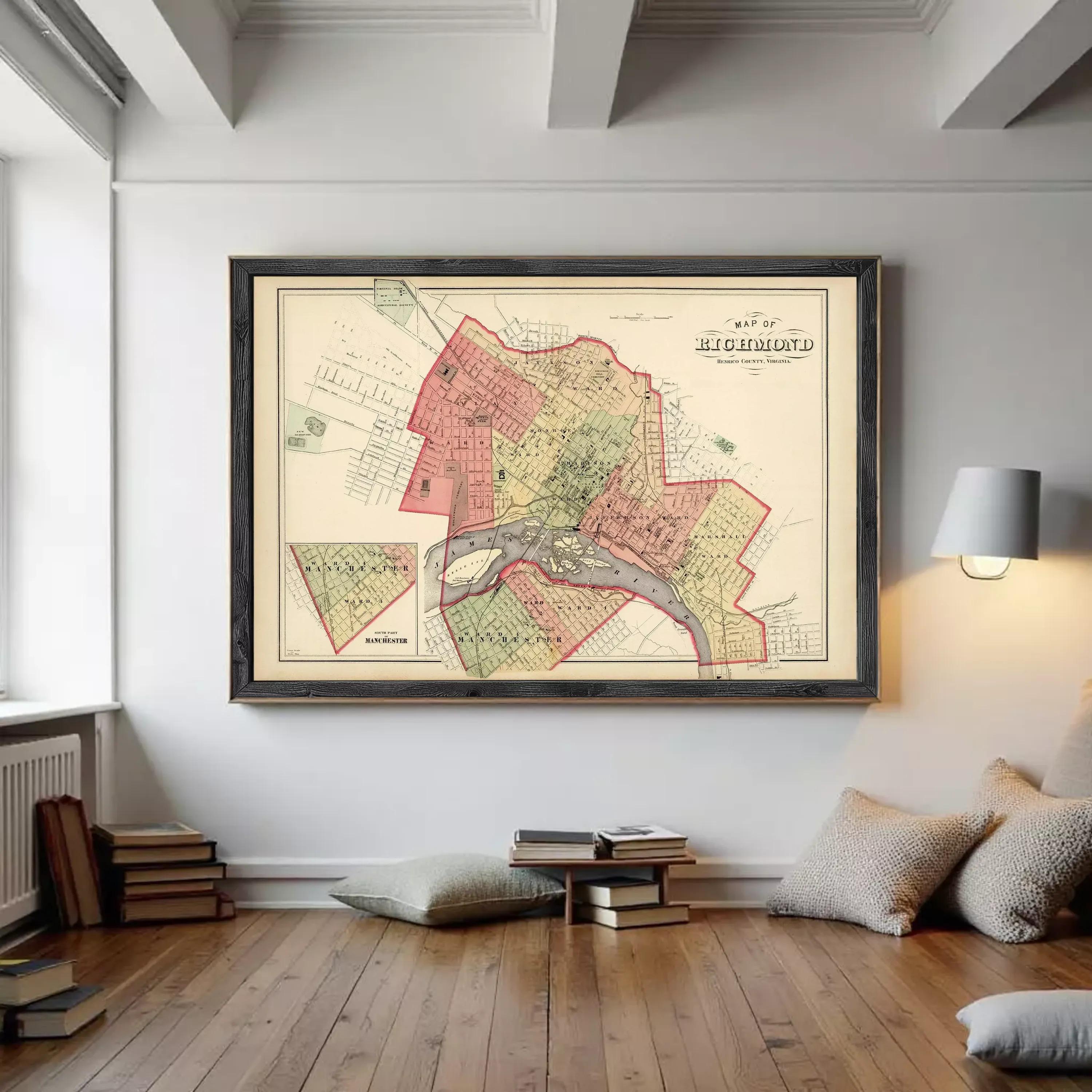 The image is a framed map of Richmond, Virginia, depicting the city's layout and surrounding areas.