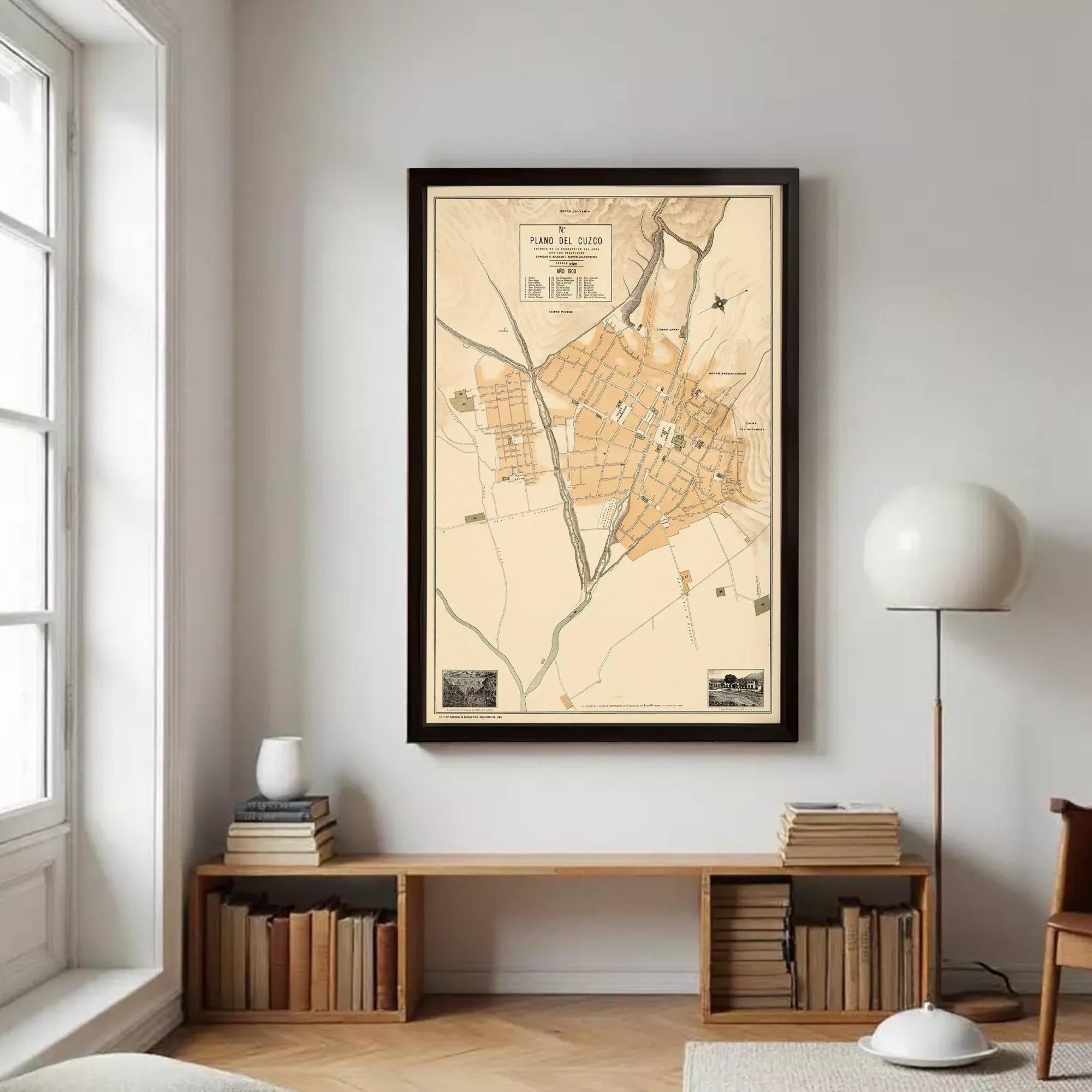 The image is a framed map of a city, depicting streets, buildings, and other urban features.