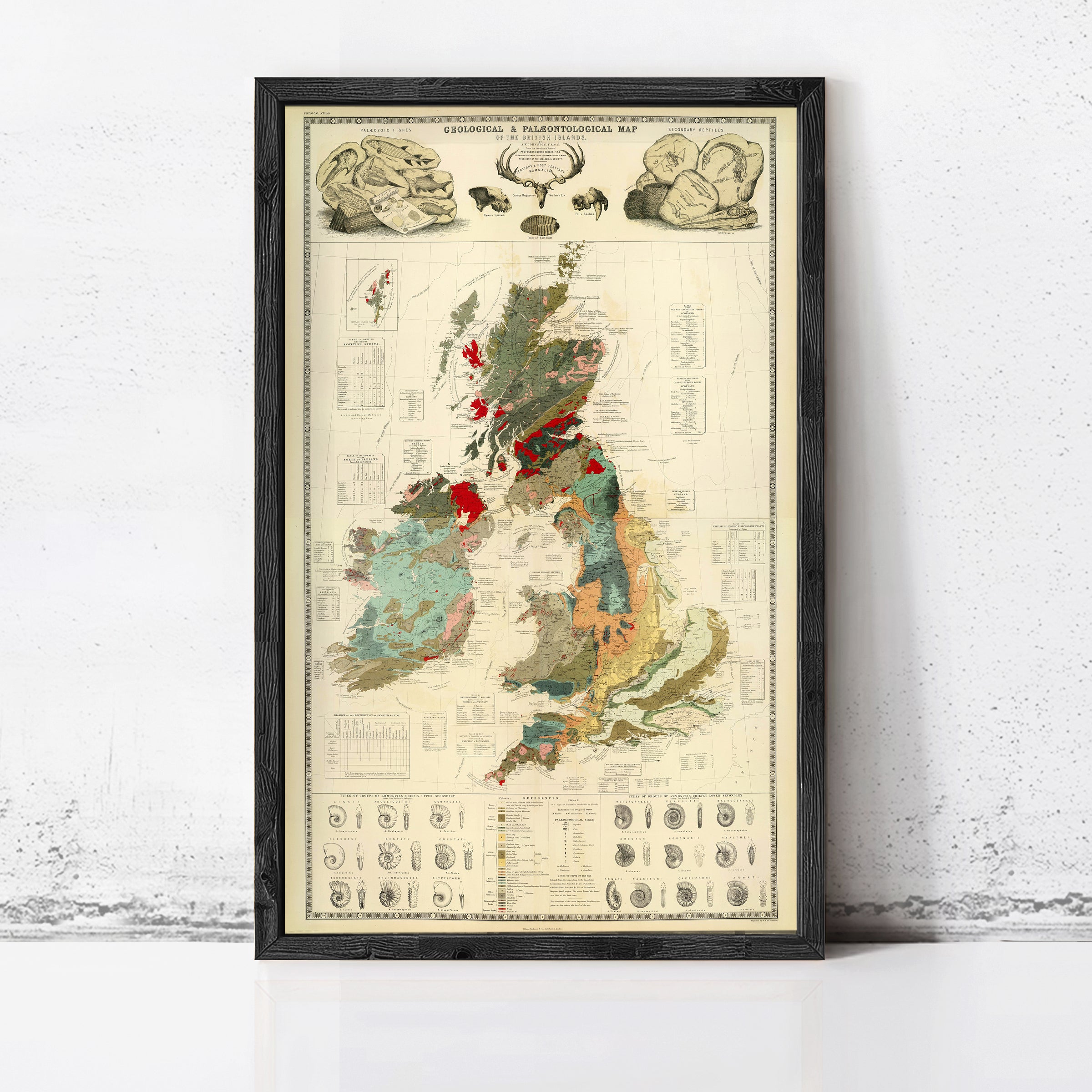 The image is a framed geological map of the United Kingdom, depicting various geological features and data.