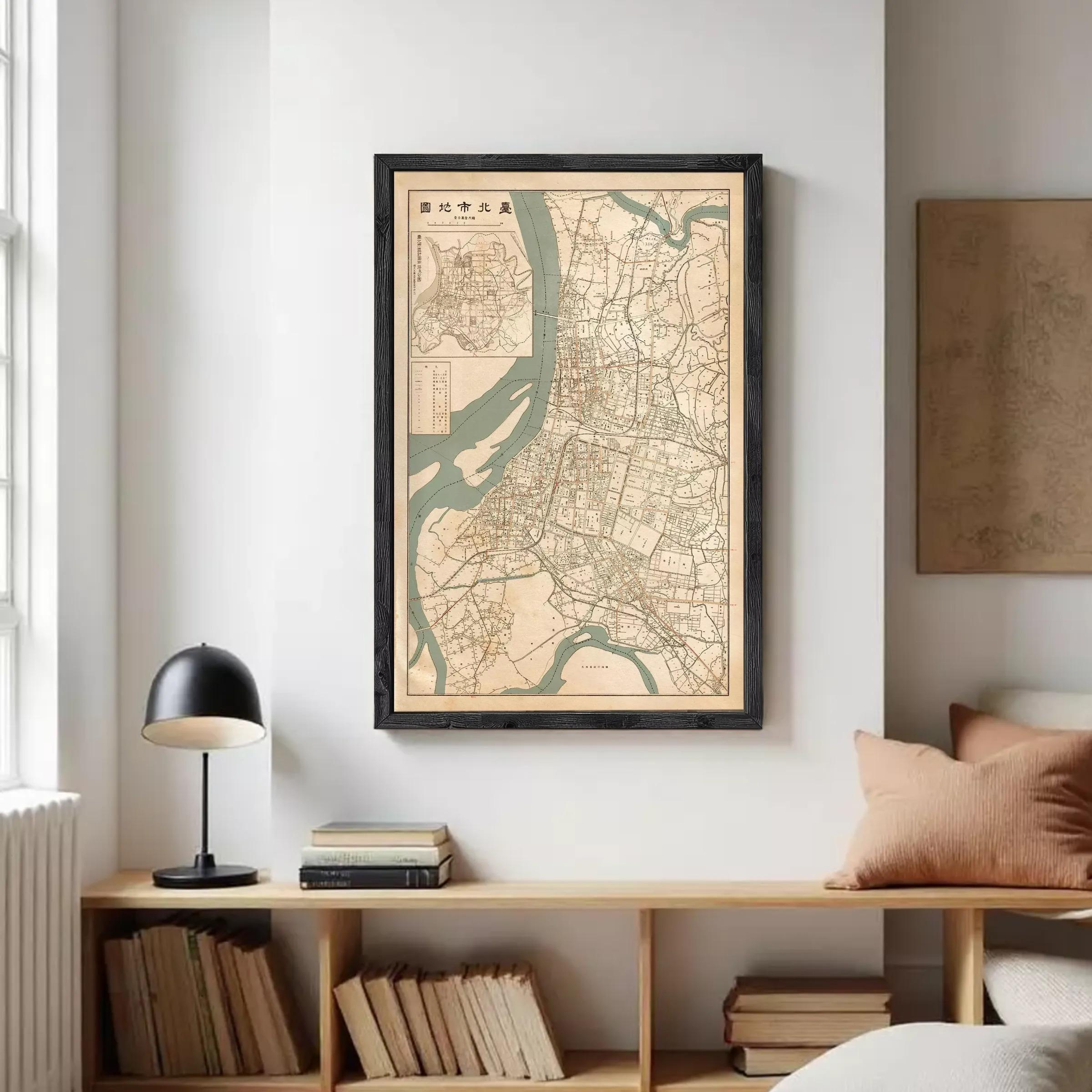 The image is a framed map of a city, likely from the 19th century, with a detailed layout of streets, rivers, and other geographic features.