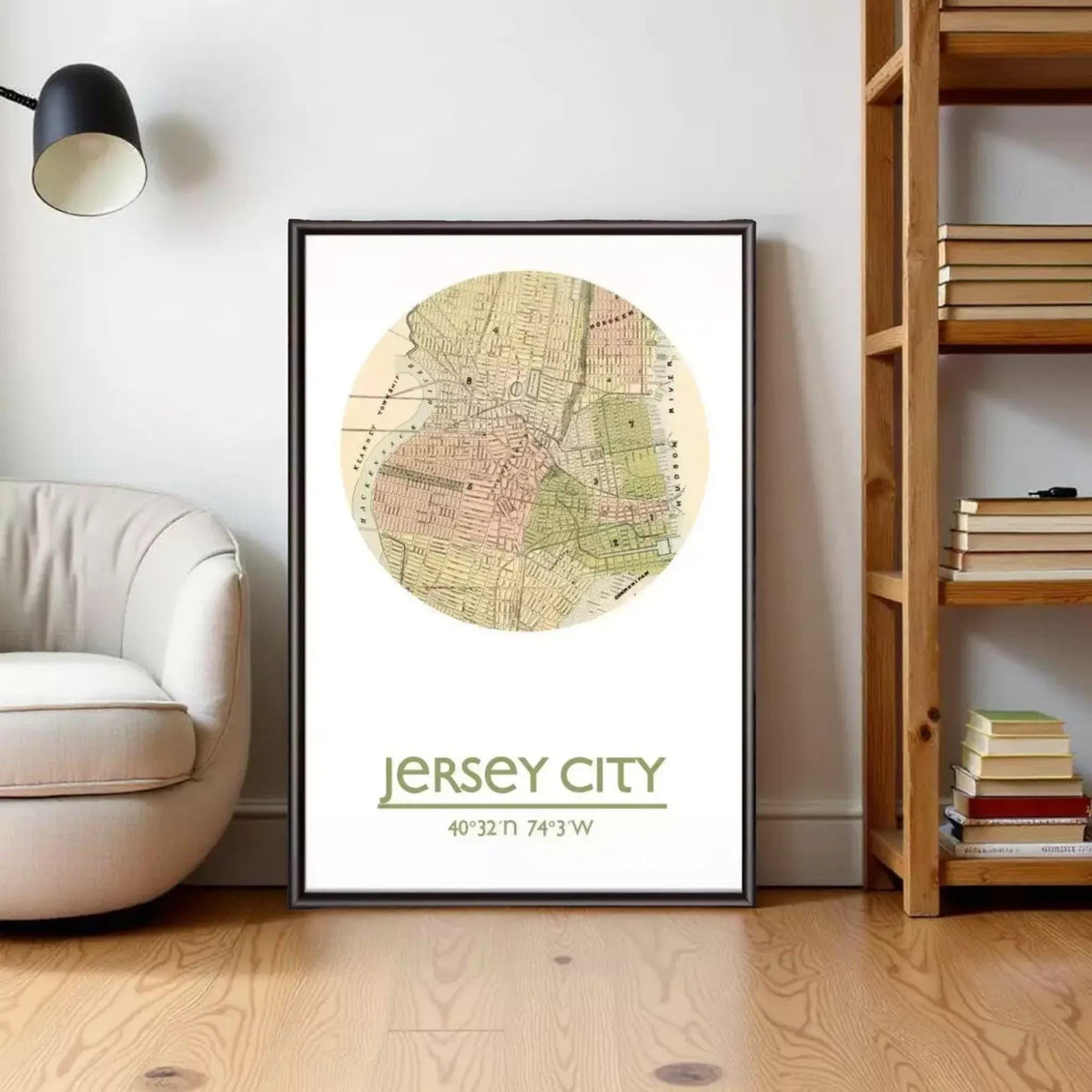 A framed map of Jersey City, New Jersey, with the text "Jersey City" and the location "40.32 N 73.13 W" printed on it.