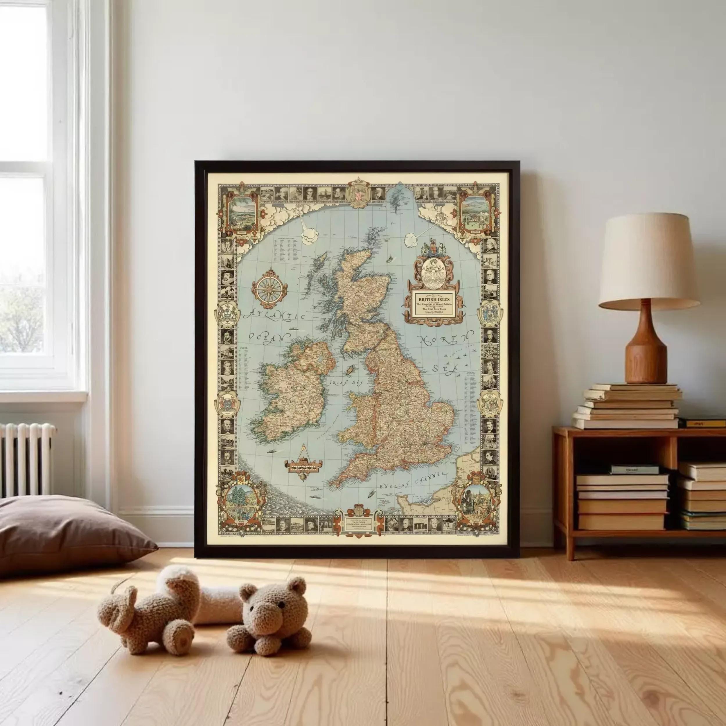 a large framed map of the United Kingdom, with a lamp and a stack of books on a nearby table. There are also two teddy bears in the foreground.