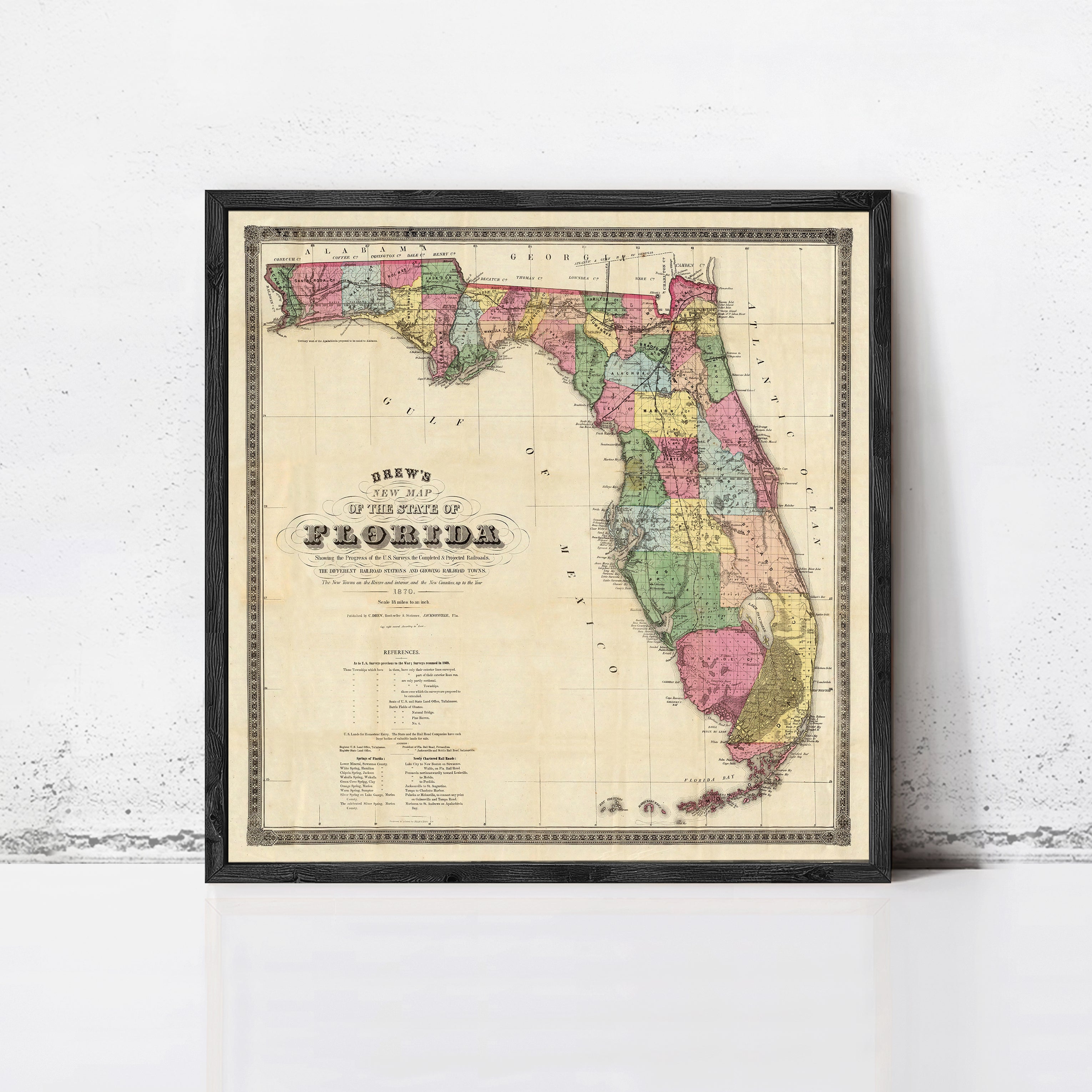 The image is a framed map of Florida, depicting the state in a vintage style.