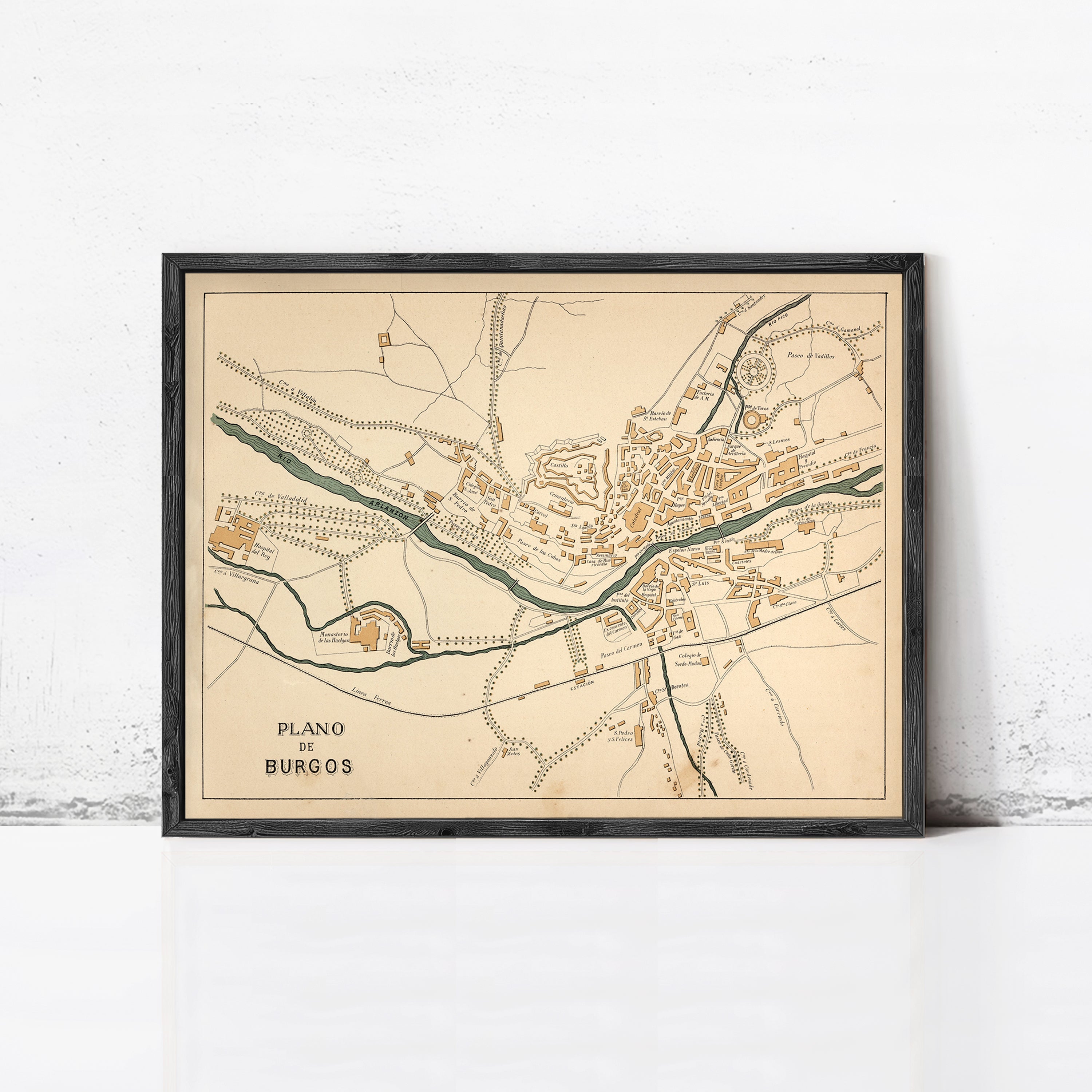 The image is a framed map of the town ofBURGOS, depicting the layout and surrounding areas.