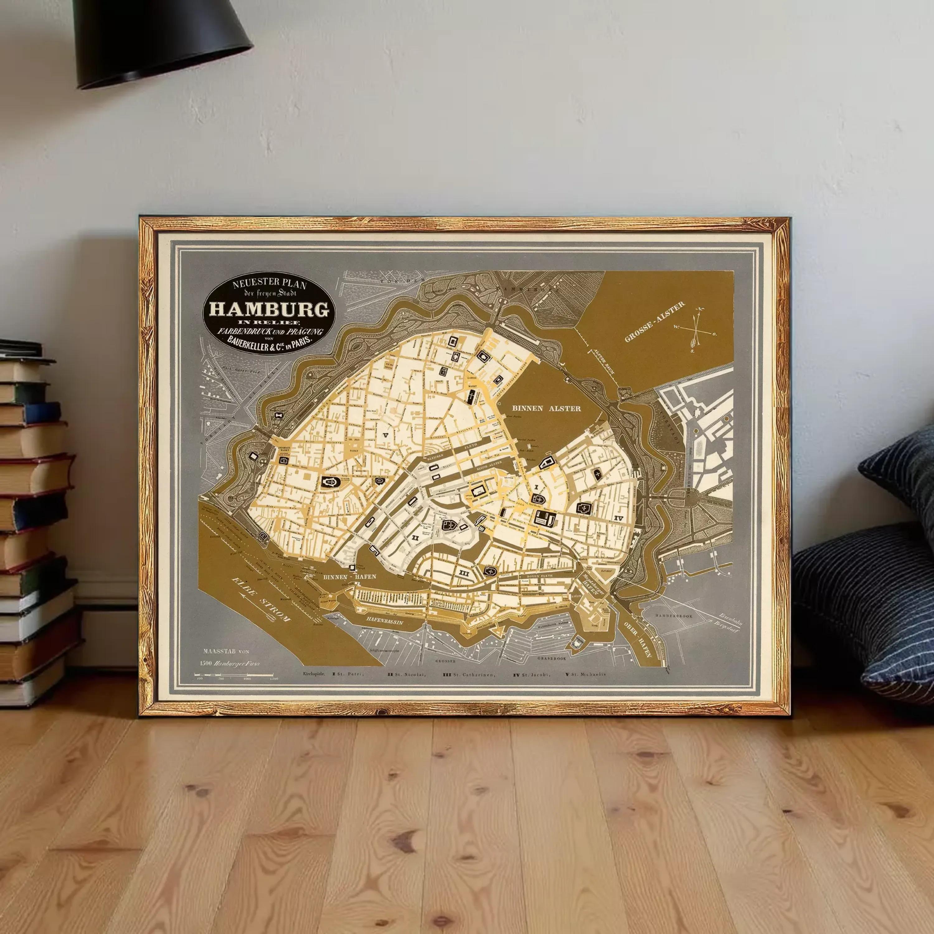 The image is a framed map of the city of Hamburg, Germany, with various landmarks and streets labeled.