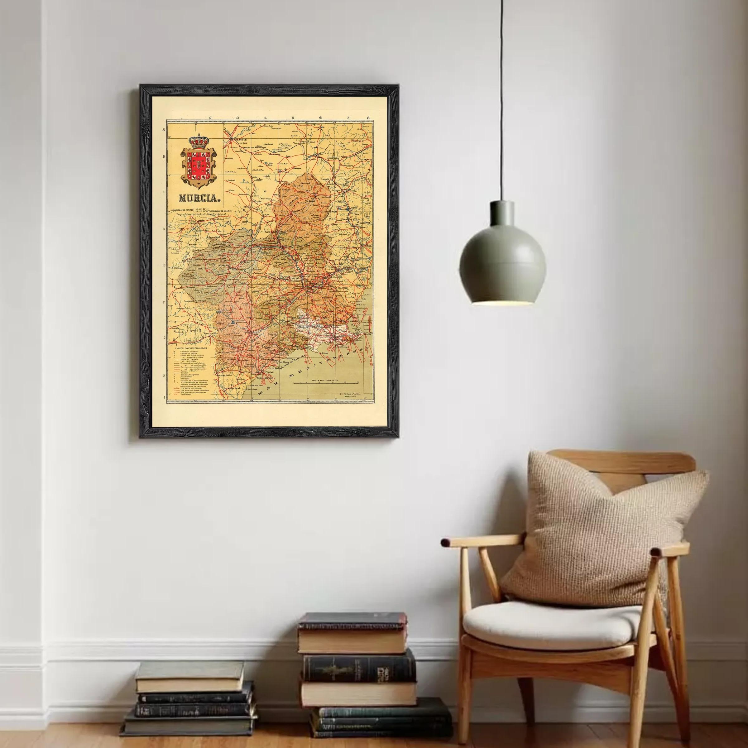 The image is a framed map of Murcia, Spain, with a black border and yellow background.