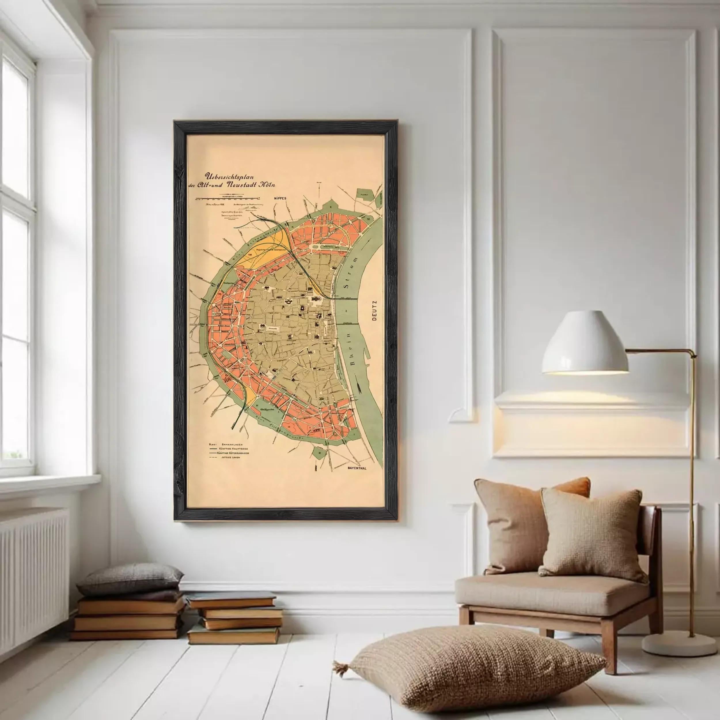 The image is a framed vintage map of a city, likely from the 19th century, with a focus on the city's layout and surrounding areas.