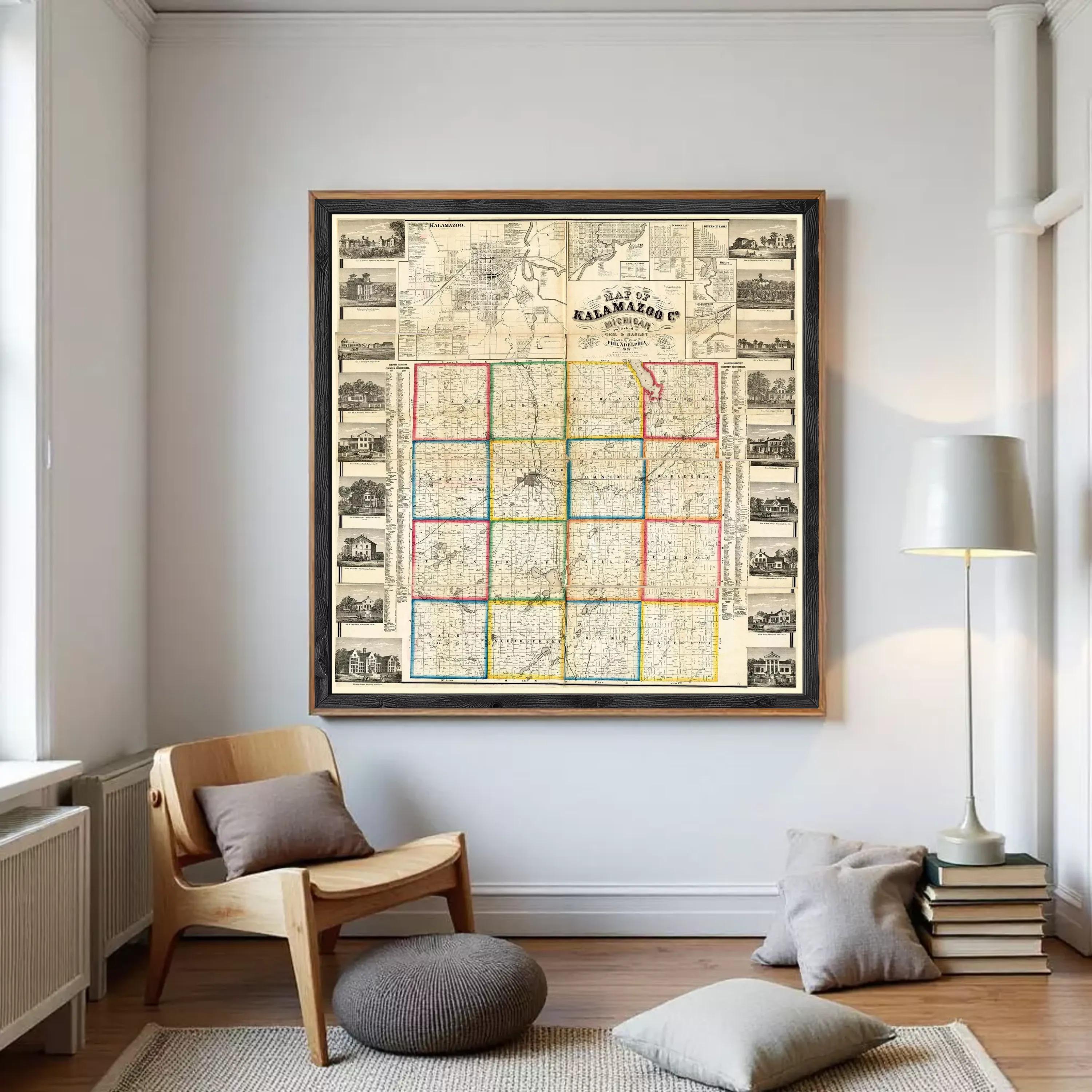 The image is a framed vintage map of the state of Kansas, with a black border and colorful grid lines.
