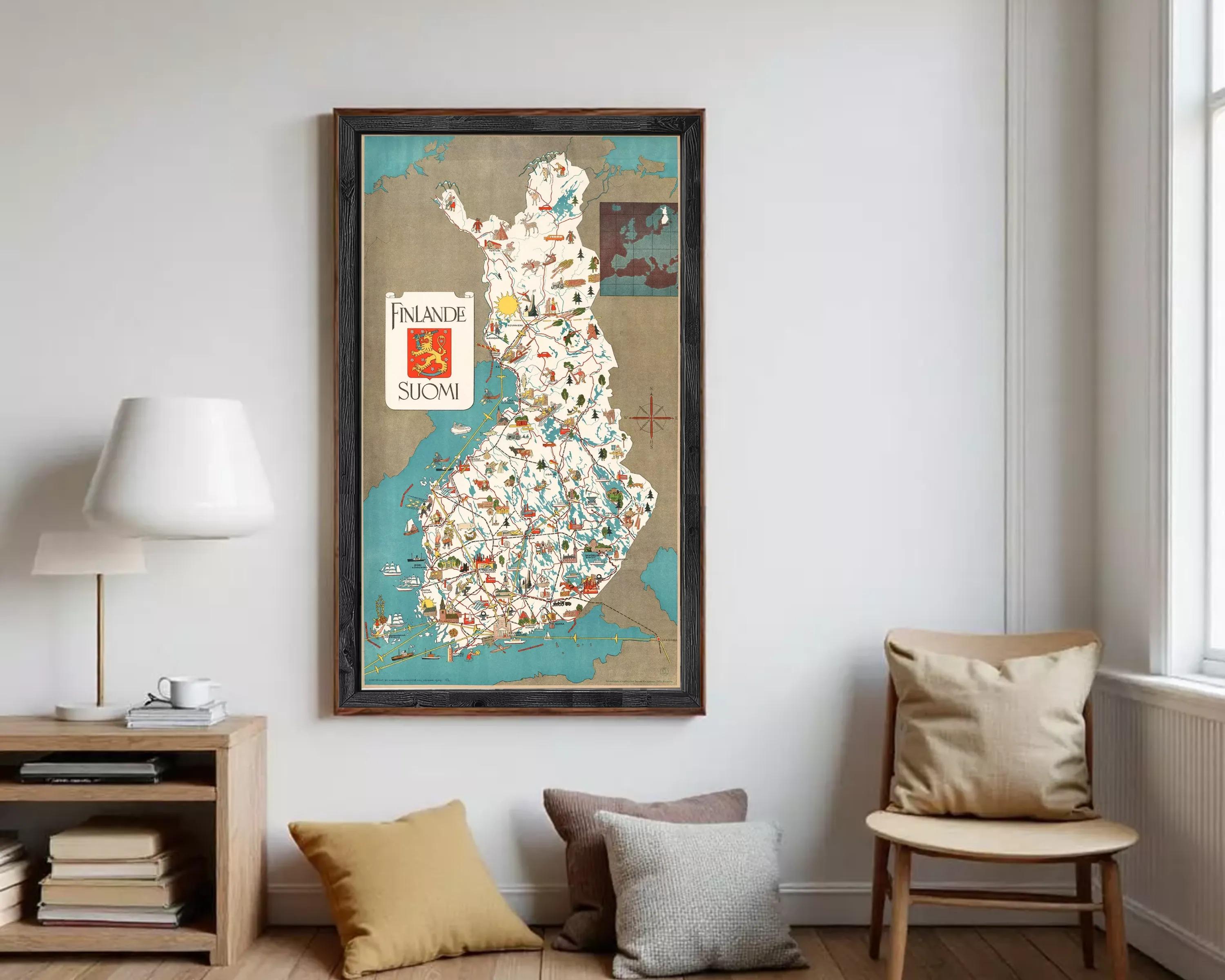 The image is a framed map of Finland, featuring various landmarks and locations throughout the country.